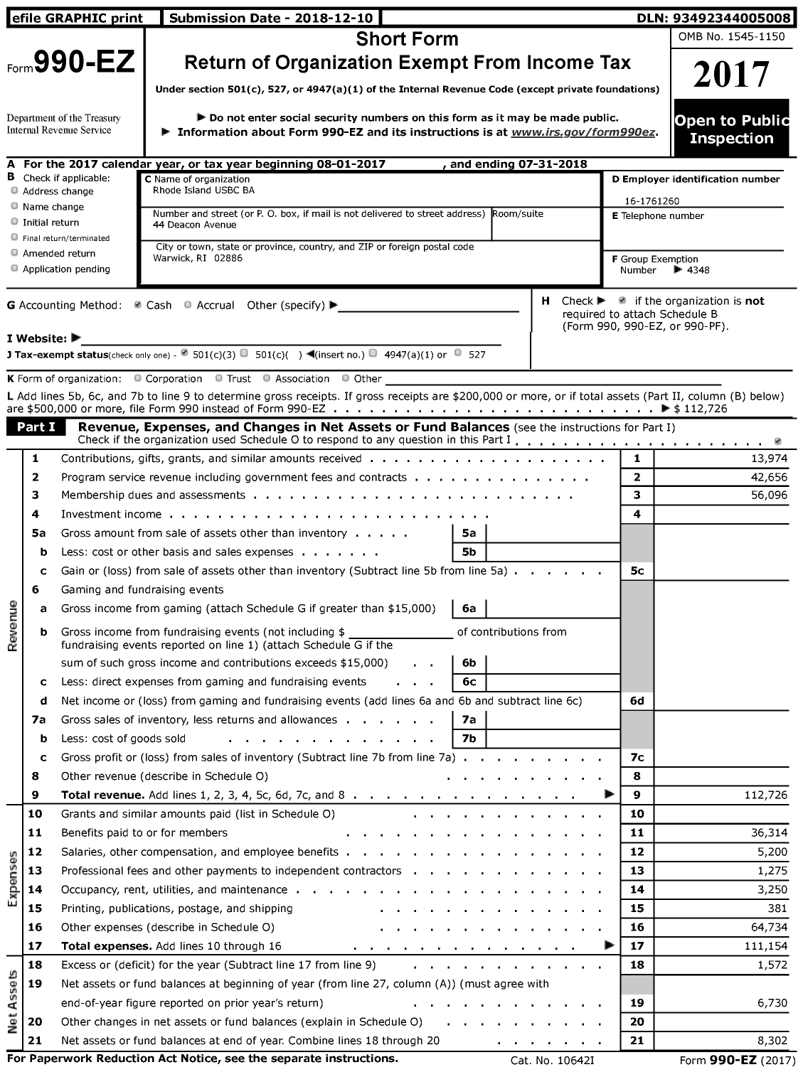 Image of first page of 2017 Form 990EZ for United States Bowling Congress - 80558 Rhode Island USBC