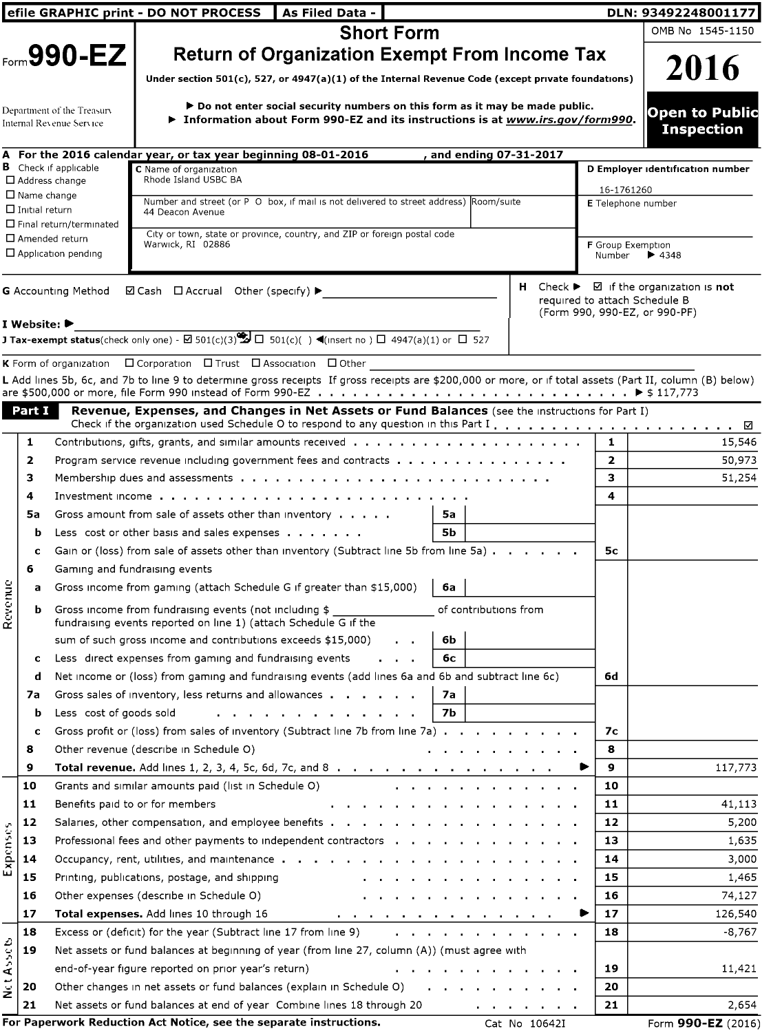 Image of first page of 2016 Form 990EZ for United States Bowling Congress - 80558 Rhode Island USBC