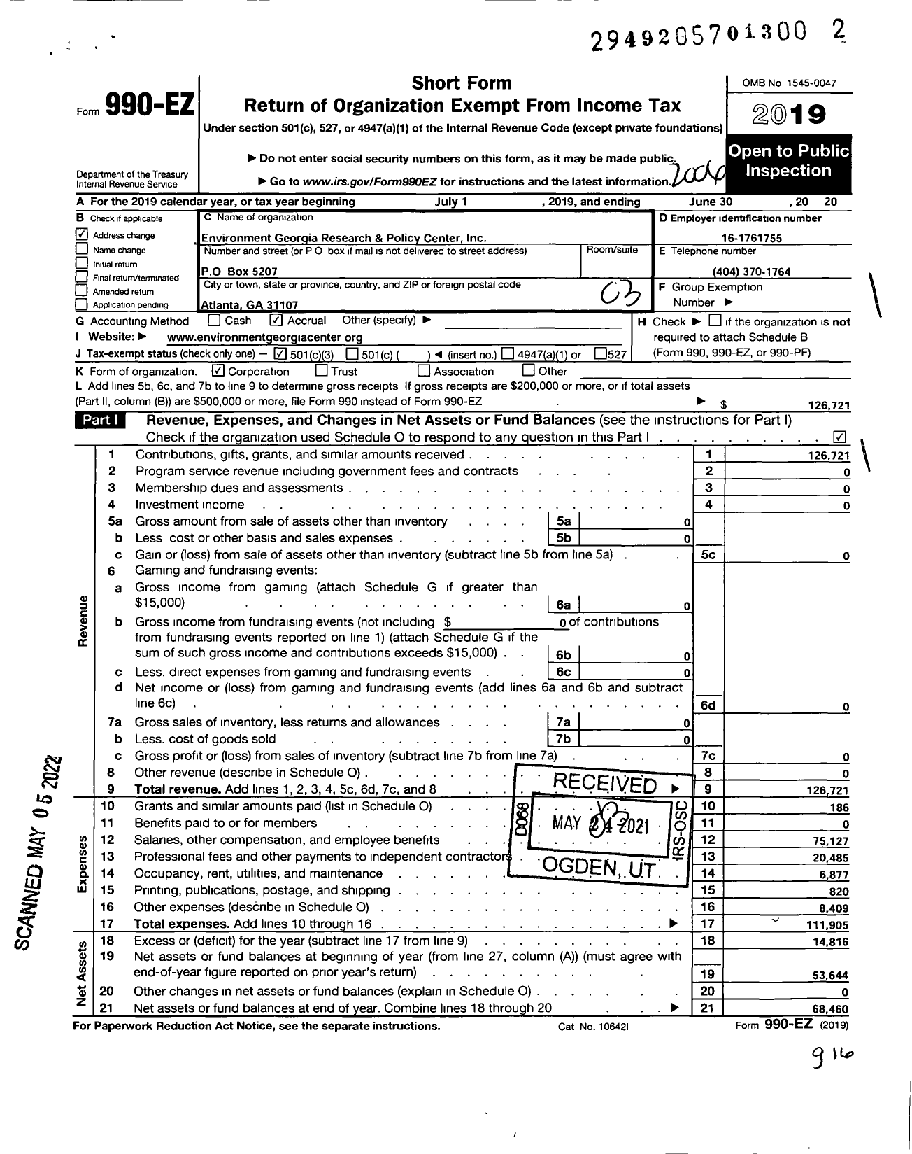 Image of first page of 2019 Form 990EZ for Environment Georgia Research and Policy Center