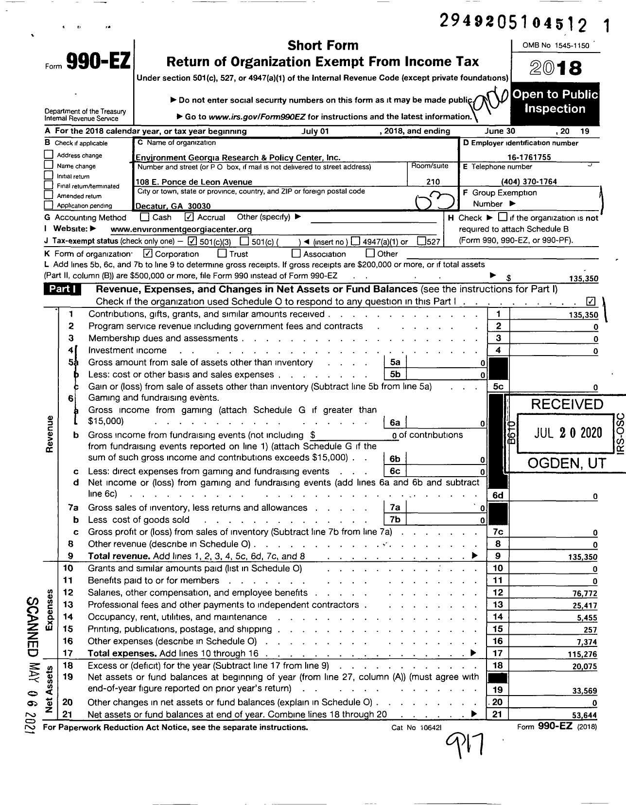 Image of first page of 2018 Form 990EZ for Environment Georgia Research and Policy Center