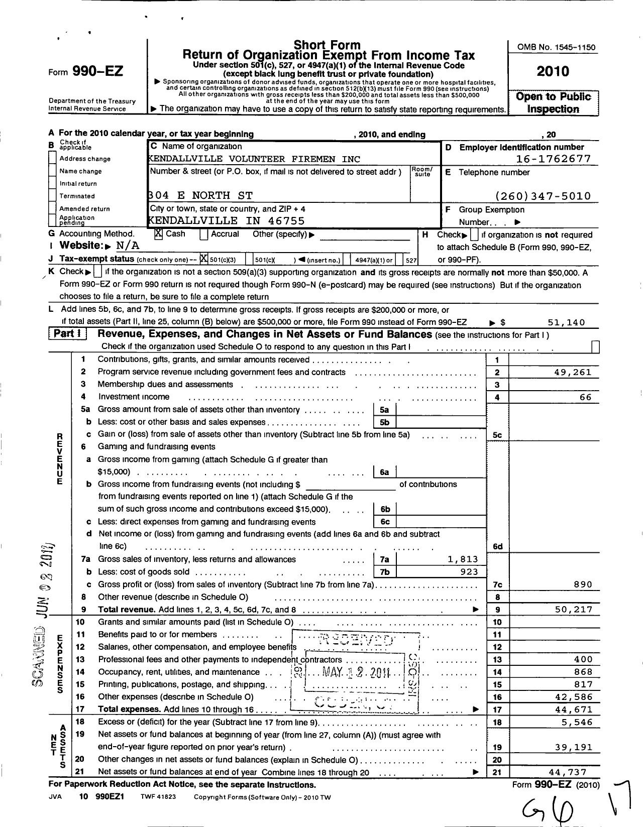 Image of first page of 2010 Form 990EZ for Kendallville Volunteer Firemen