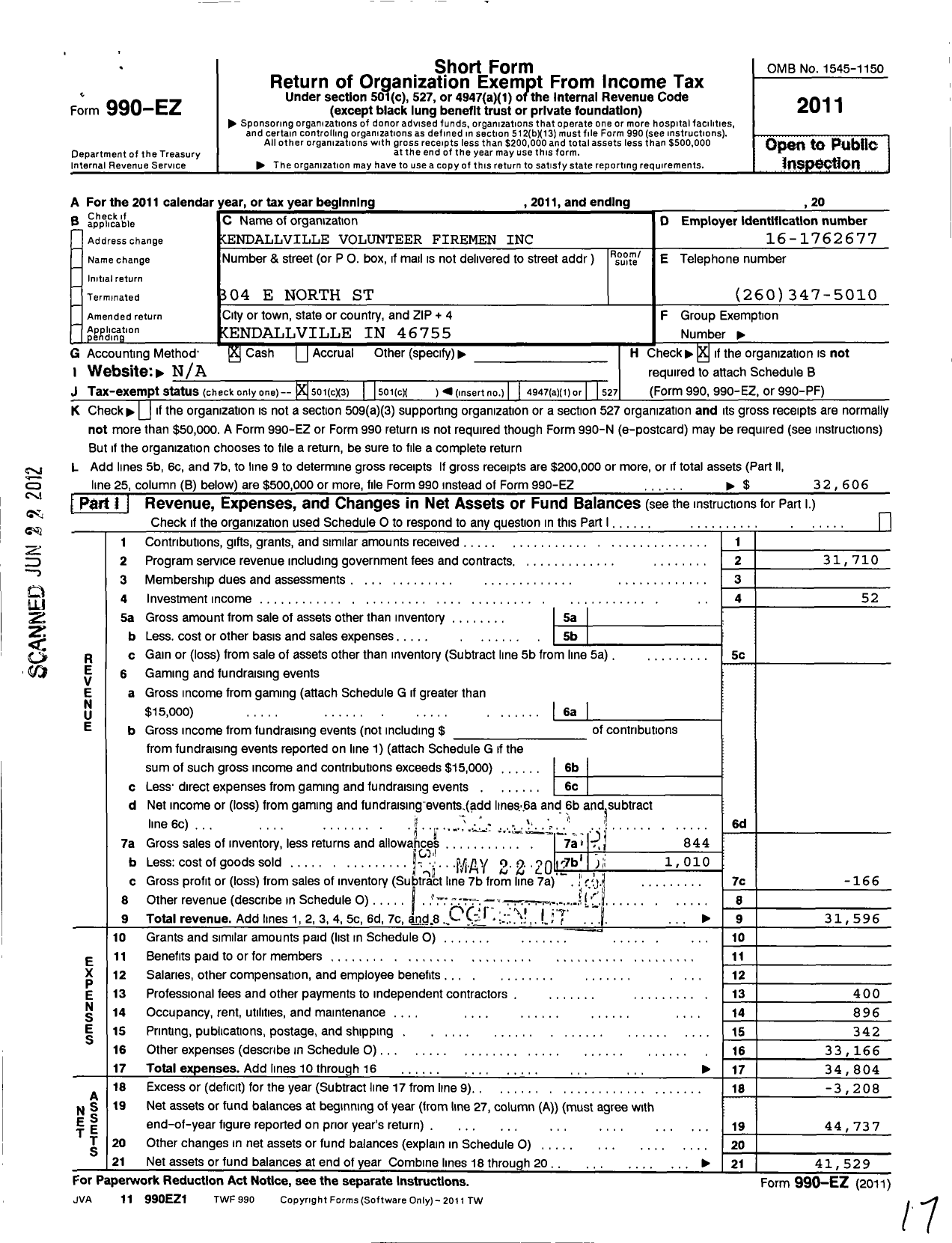 Image of first page of 2011 Form 990EZ for Kendallville Volunteer Firemen