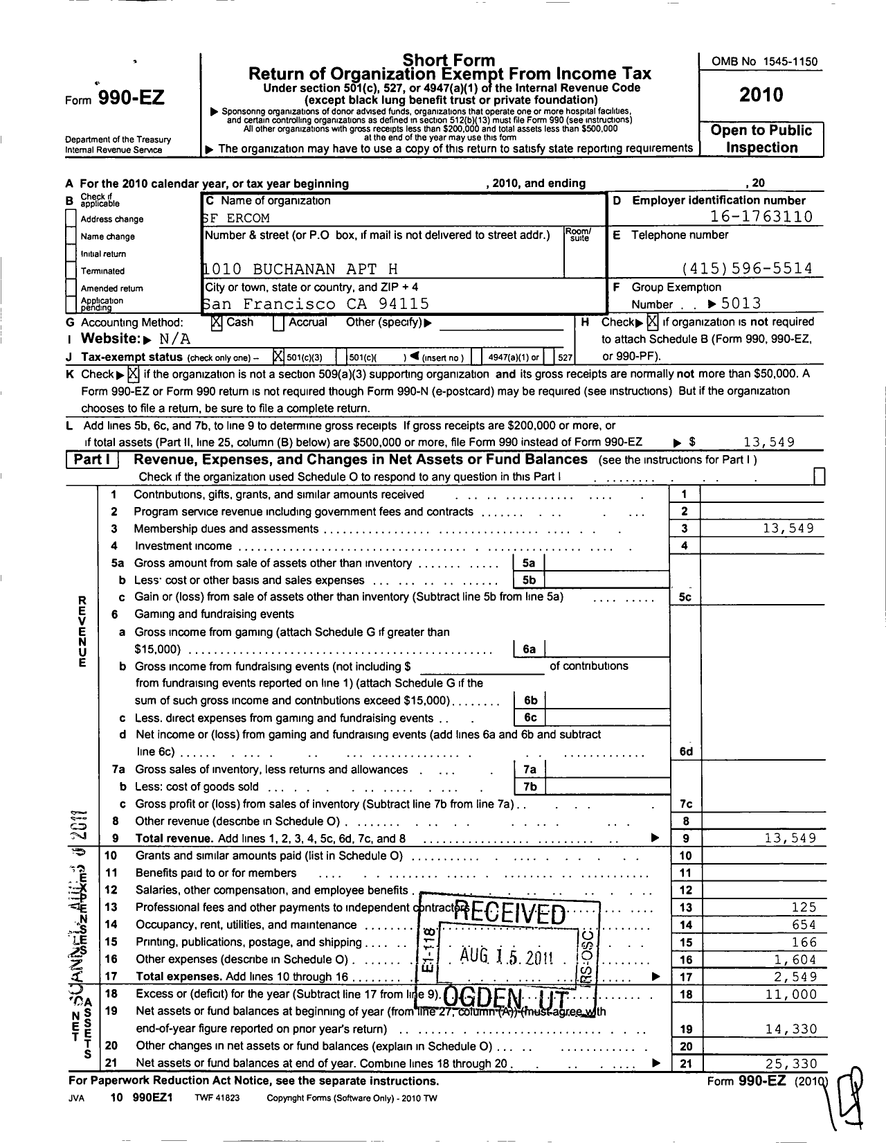 Image of first page of 2010 Form 990EZ for Eta Phi Beta Sorority / SF Ercom