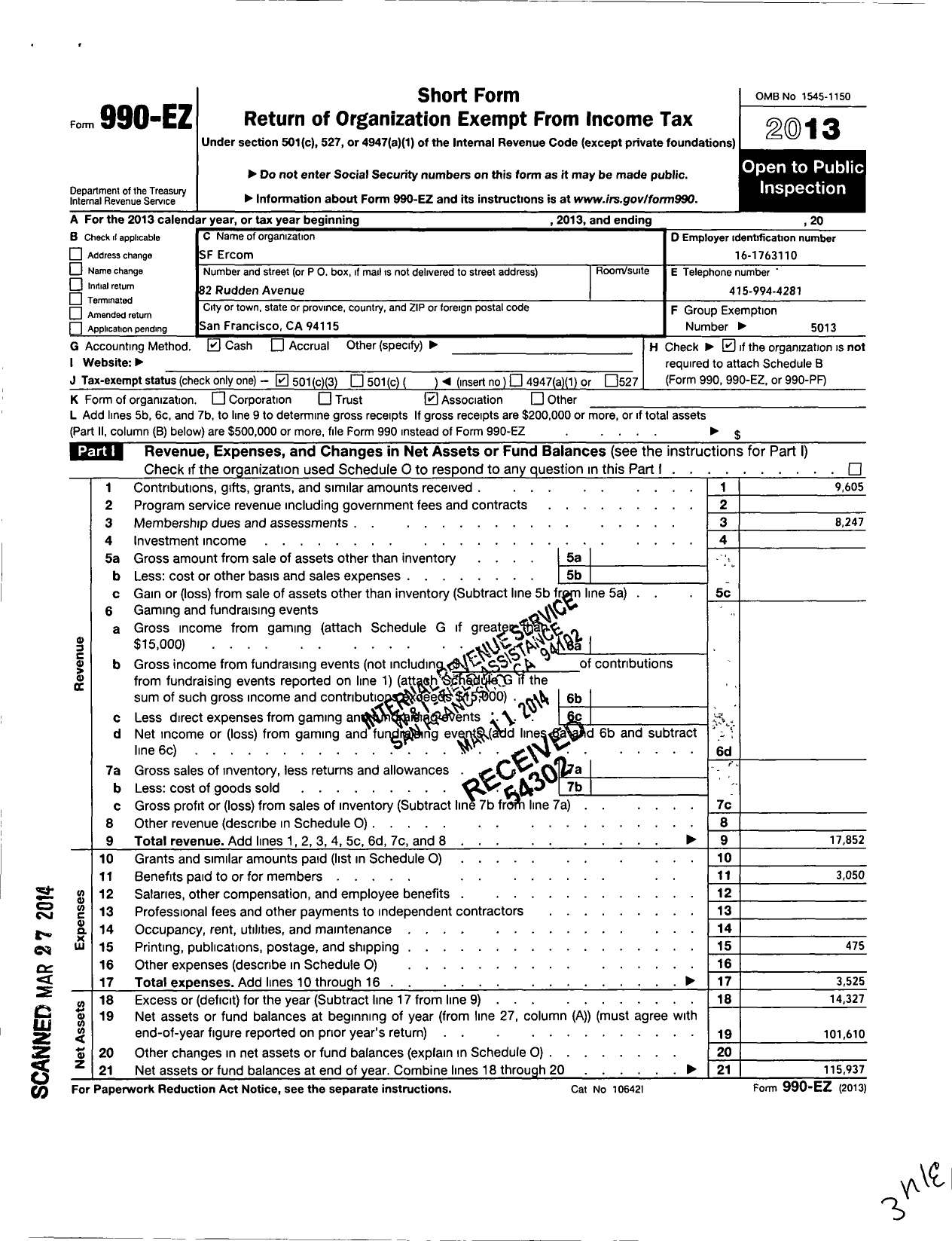 Image of first page of 2013 Form 990EZ for Eta Phi Beta Sorority / SF Ercom