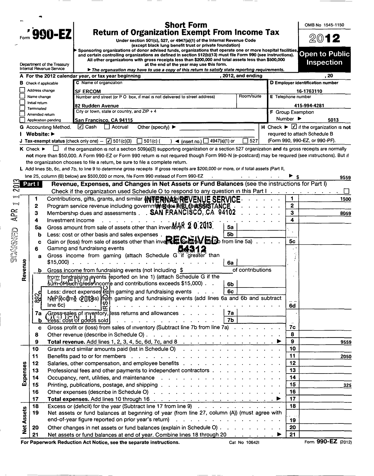 Image of first page of 2012 Form 990EZ for Eta Phi Beta Sorority / SF Ercom