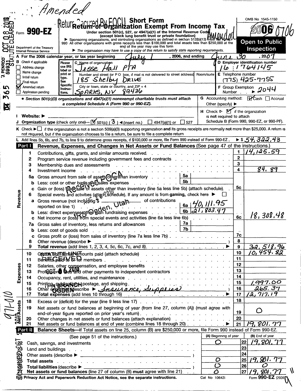 Image of first page of 2006 Form 990EZ for PTA Nevada Congress / Jesse Hall PTA