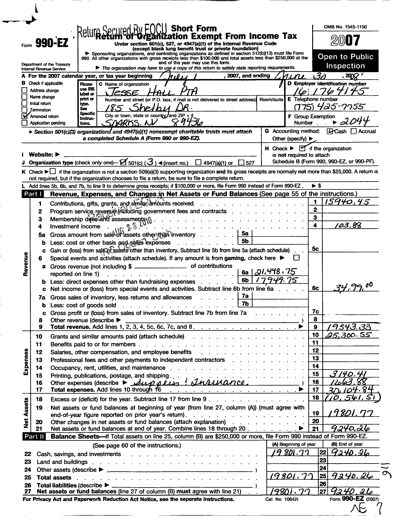 Image of first page of 2007 Form 990EZ for PTA Nevada Congress / Jesse Hall PTA