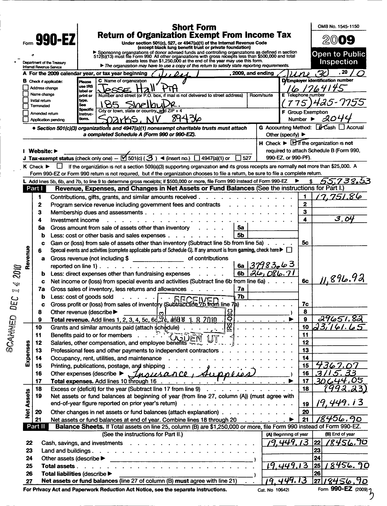 Image of first page of 2009 Form 990EZ for PTA Nevada Congress / Jesse Hall PTA