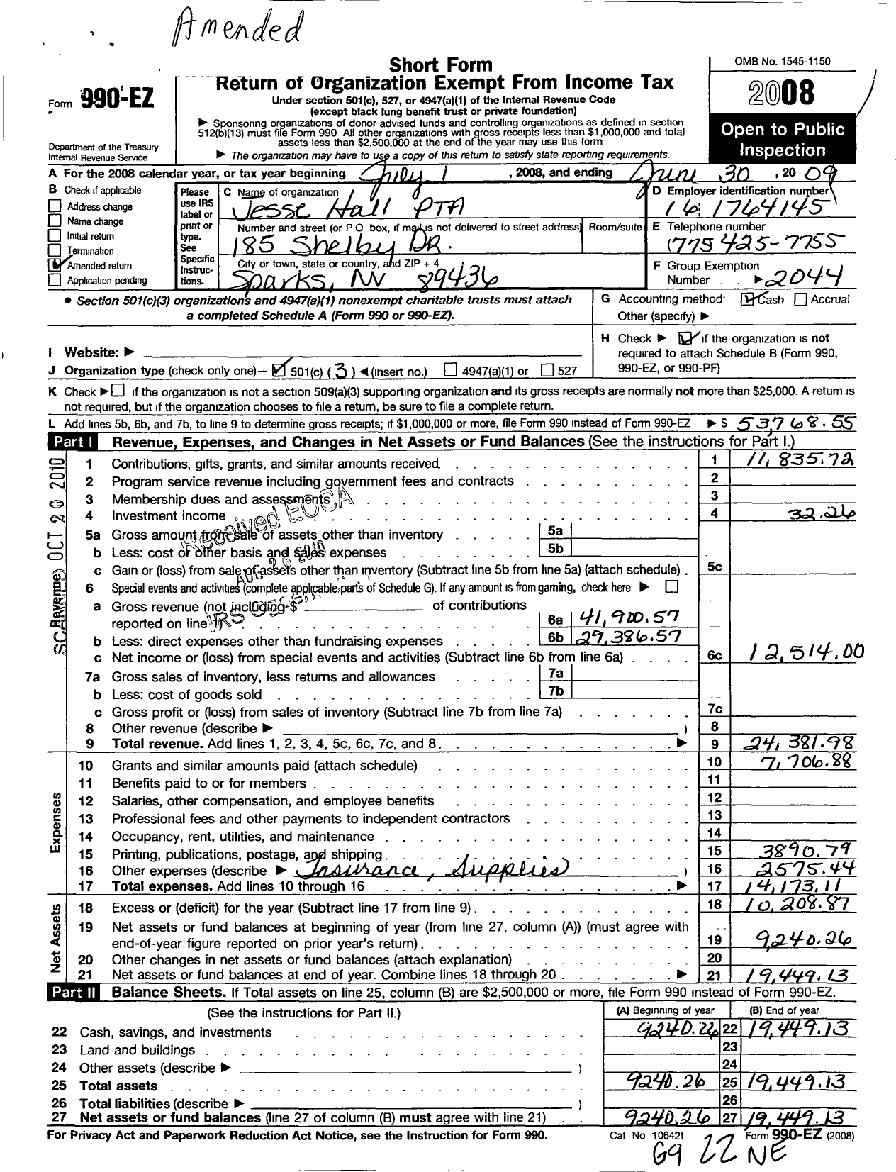 Image of first page of 2008 Form 990EZ for PTA Nevada Congress / Jesse Hall PTA