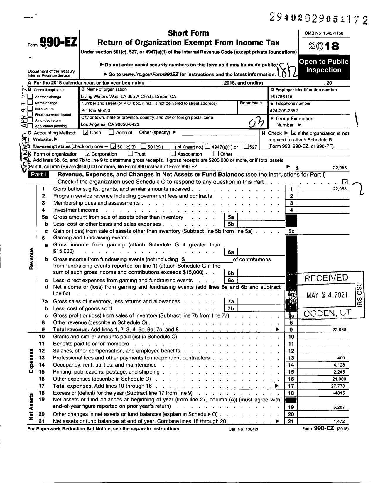 Image of first page of 2018 Form 990EZ for Living Waters- West L A