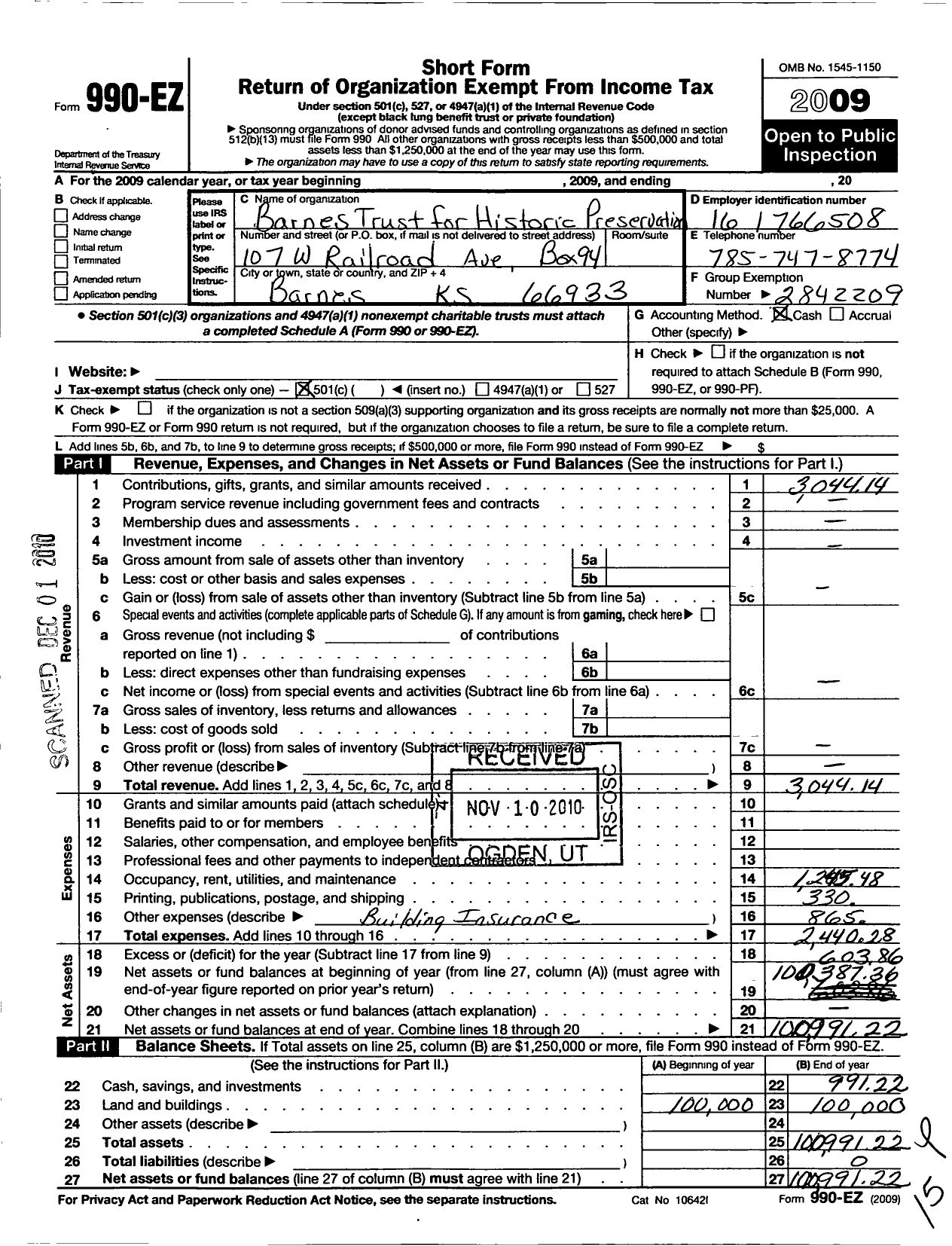 Image of first page of 2009 Form 990EO for Barnes Trust for Historic Preservation