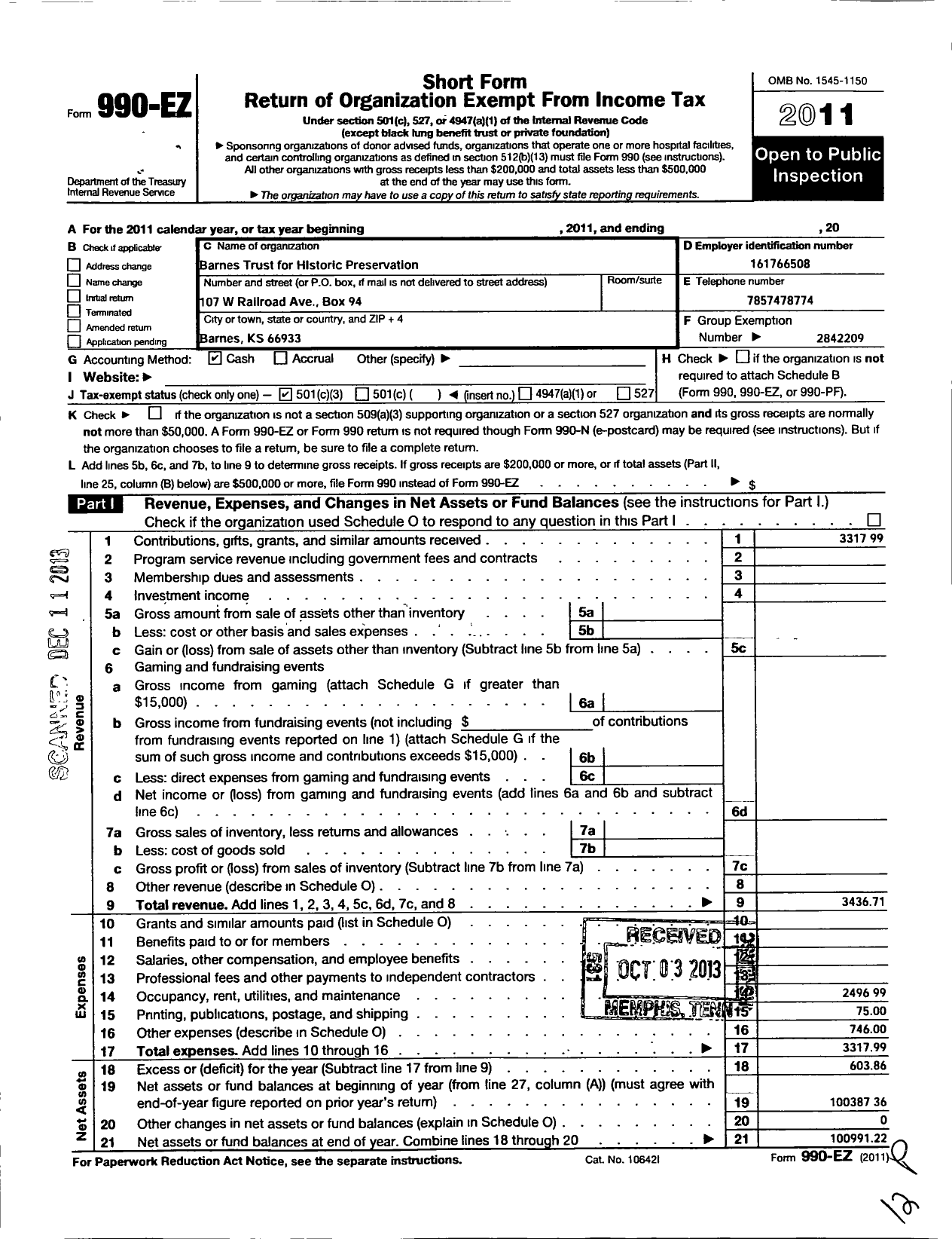 Image of first page of 2011 Form 990EZ for Barnes Trust for Historic Preservation