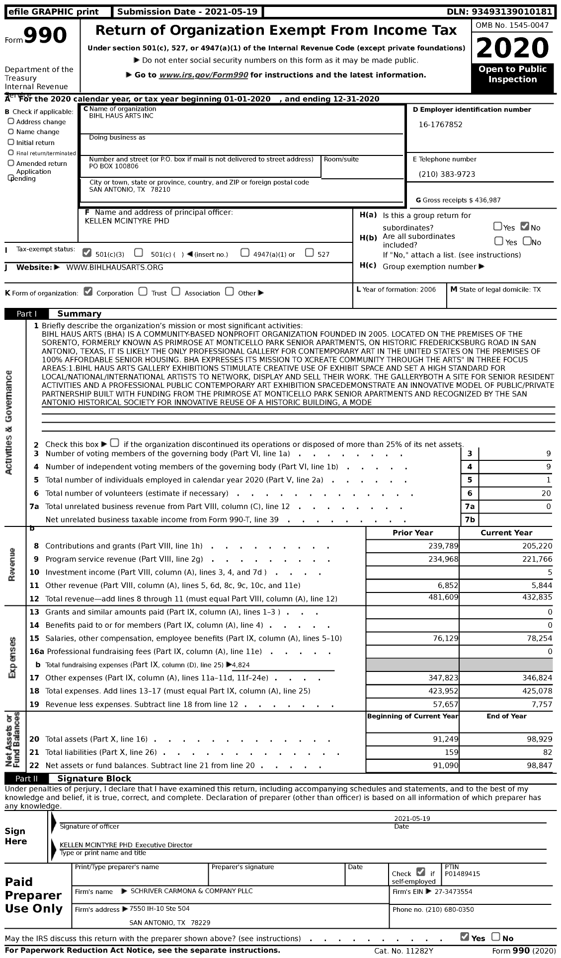 Image of first page of 2020 Form 990 for Bihl Haus Arts