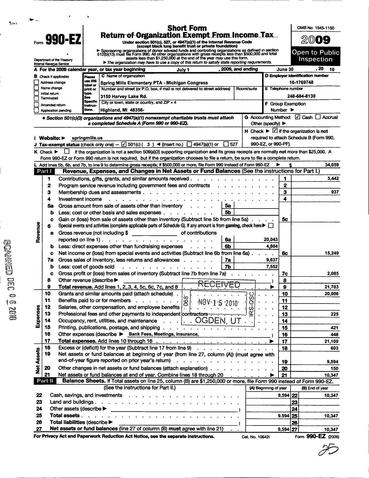 Image of first page of 2009 Form 990EZ for Ptsa Michigan Congress of Parents Teachers and Students / Spring Mills Elementary PTA