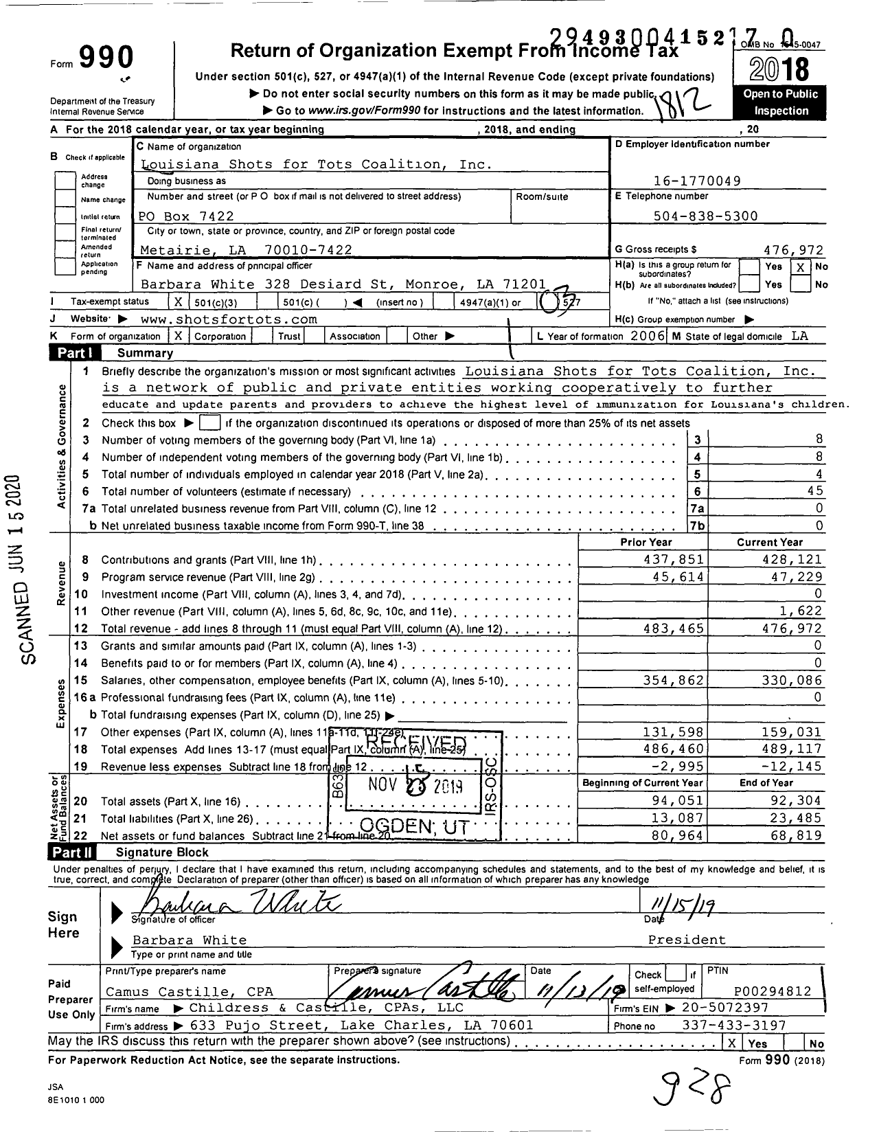 Image of first page of 2018 Form 990 for Louisiana Shots for Tots Coalition