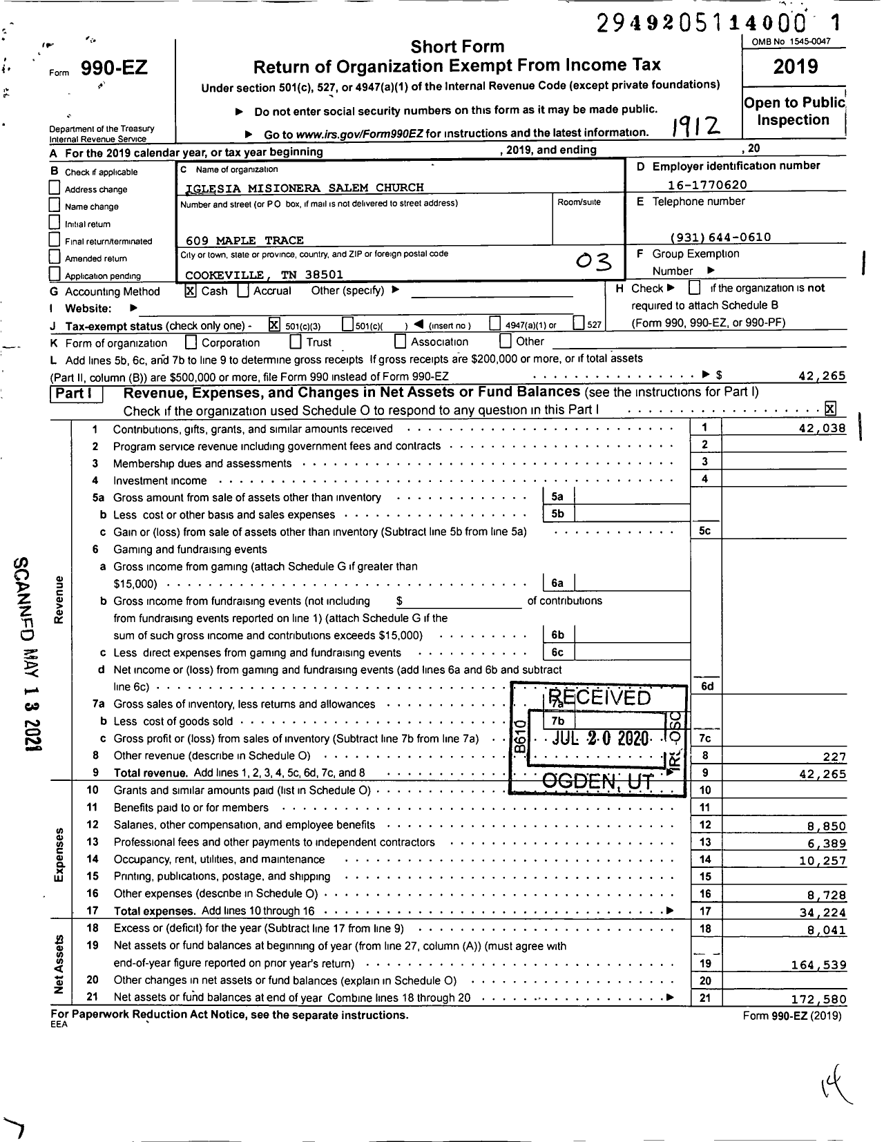 Image of first page of 2019 Form 990EZ for Iglesia Misionera Salem Church