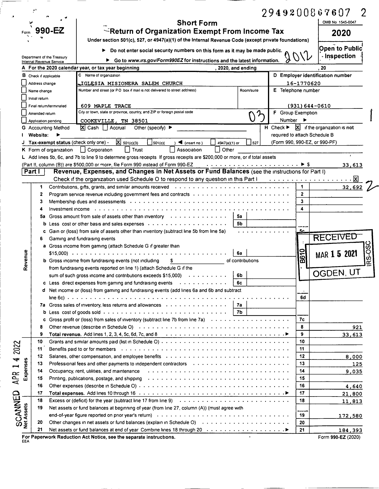 Image of first page of 2020 Form 990EZ for Iglesia Misionera Salem Church