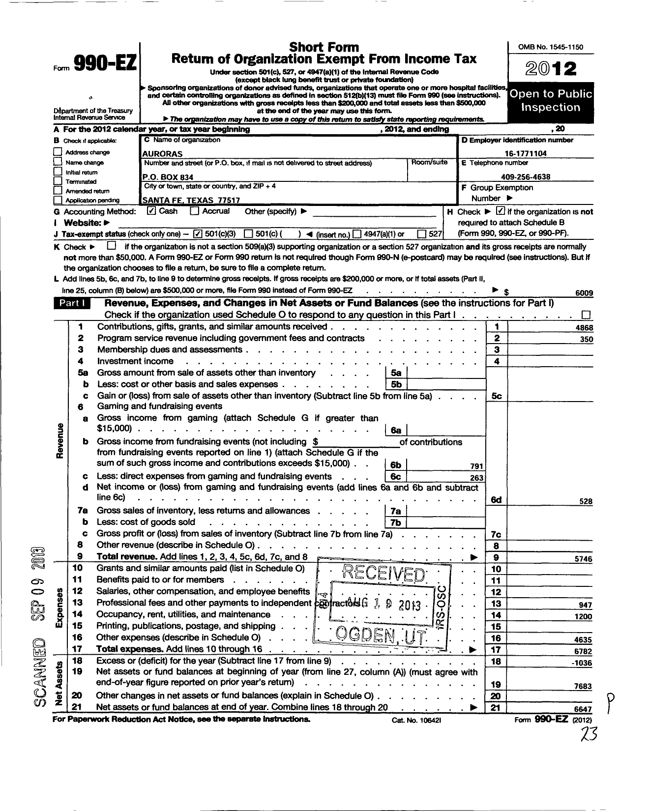 Image of first page of 2012 Form 990EZ for Animals United Rescue Organization for Rehabilitation and Adoption