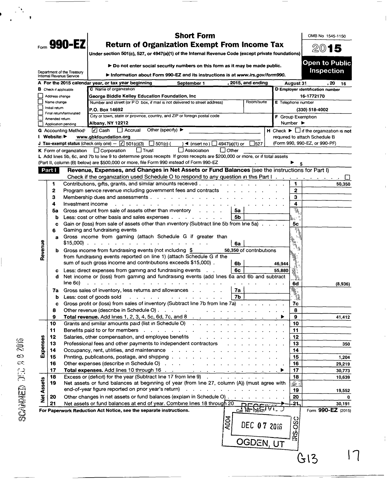 Image of first page of 2015 Form 990EZ for George Biddle Kelley Foundation