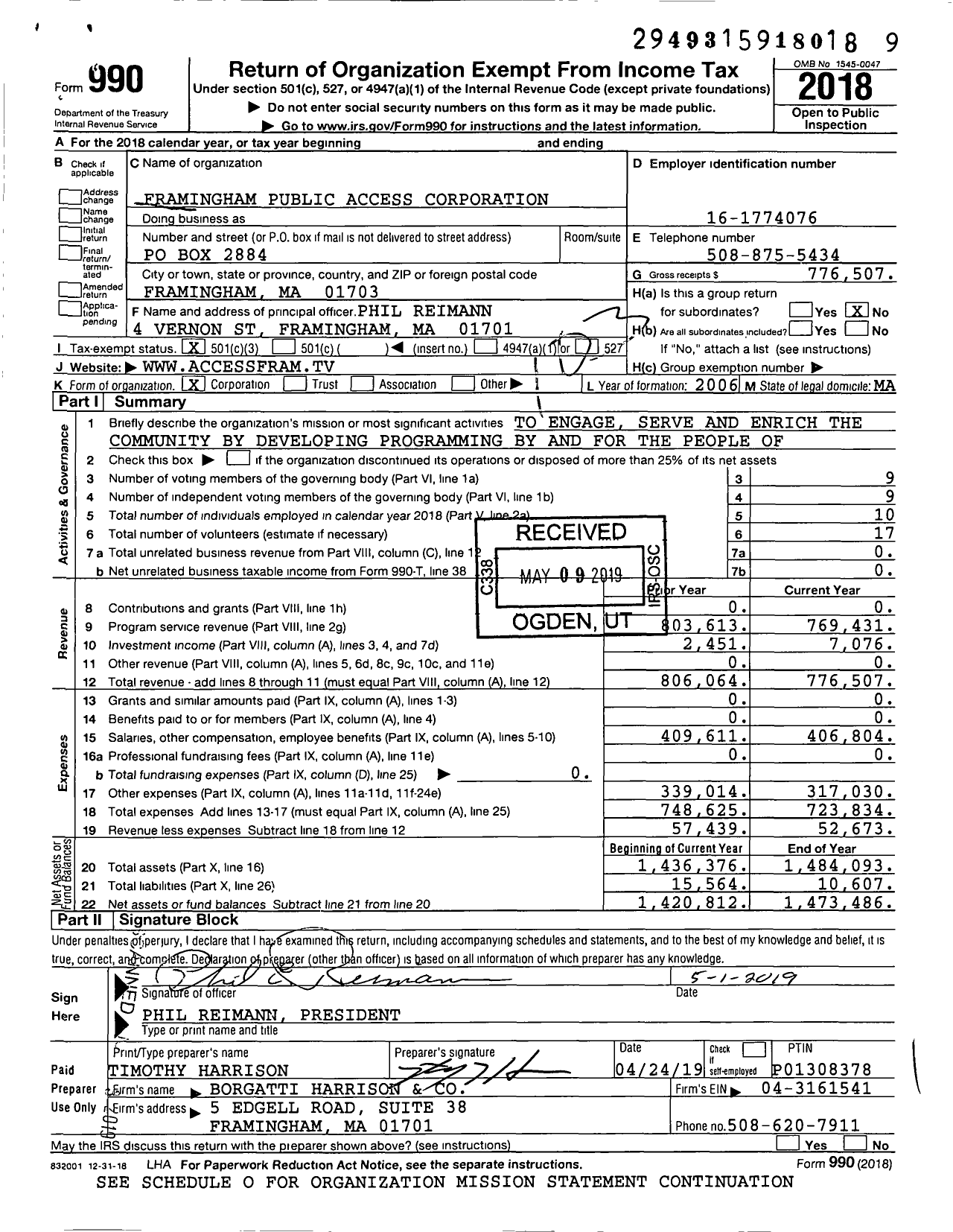 Image of first page of 2018 Form 990 for Framingham Public Access Corporation