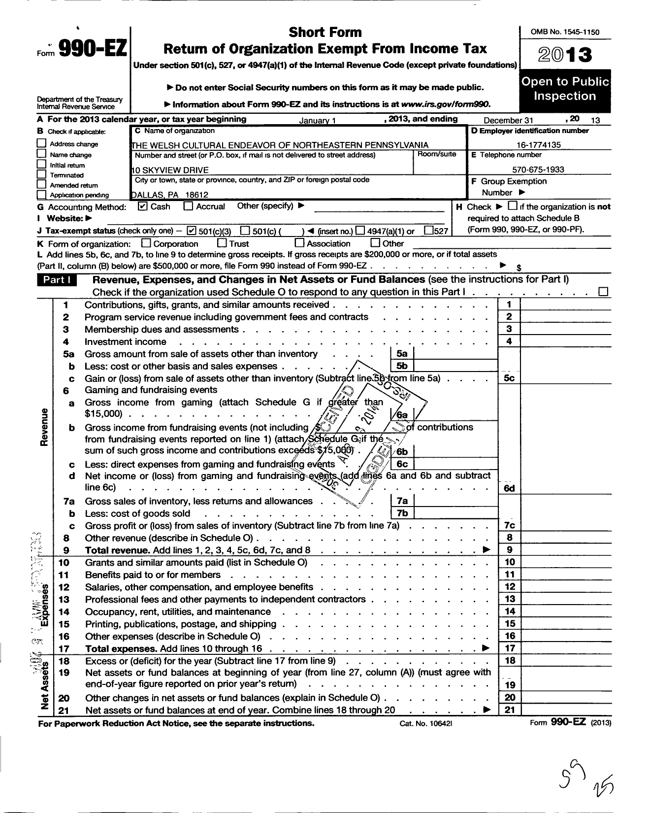 Image of first page of 2013 Form 990EZ for Welsh Cultural Endeavor of Northeastern Pennsylvania