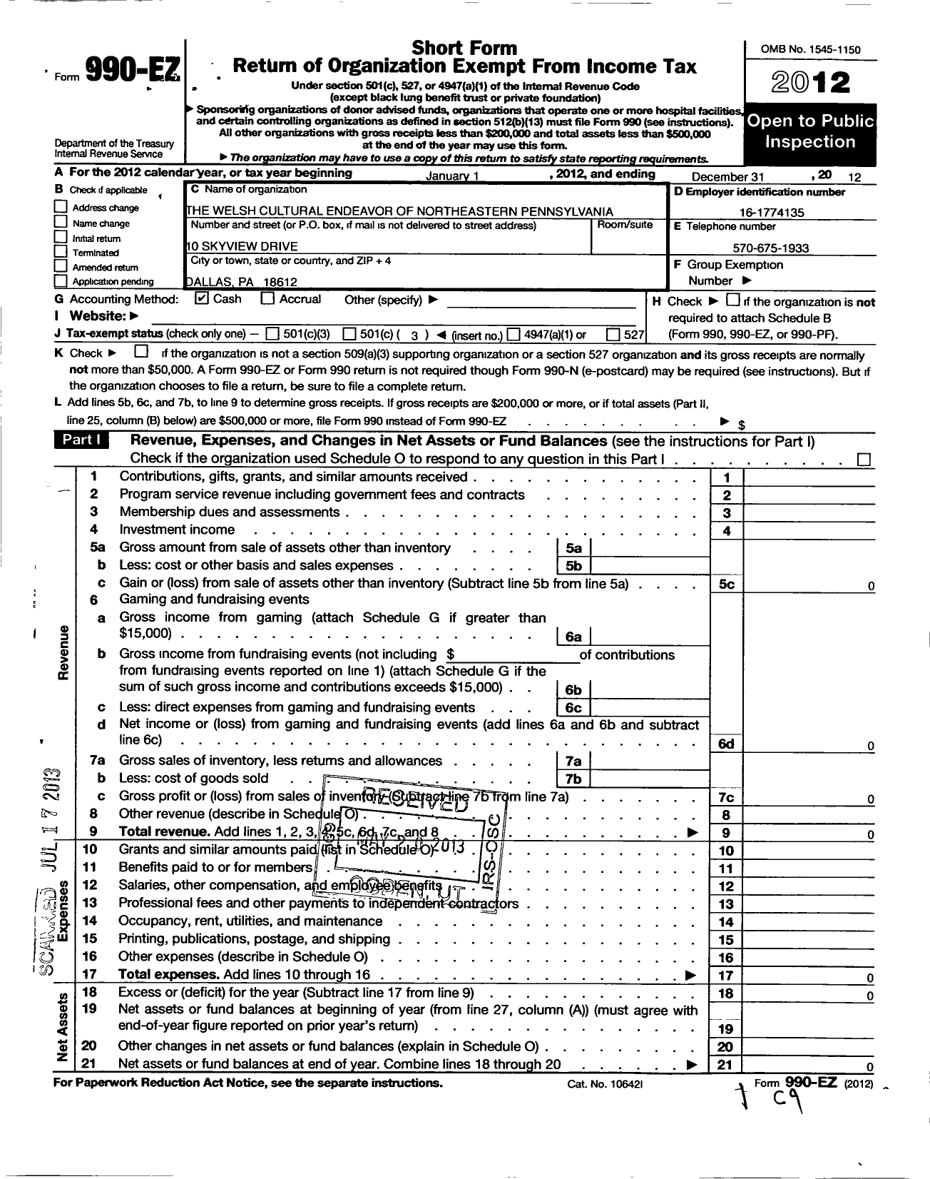 Image of first page of 2012 Form 990EZ for Welsh Cultural Endeavor of Northeastern Pennsylvania