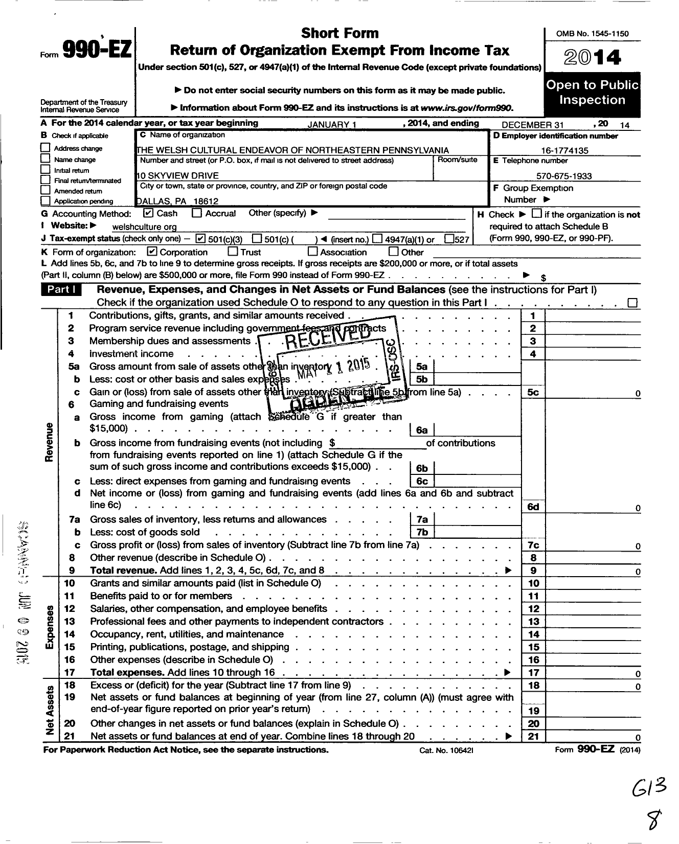 Image of first page of 2014 Form 990EZ for Welsh Cultural Endeavor of Northeastern Pennsylvania