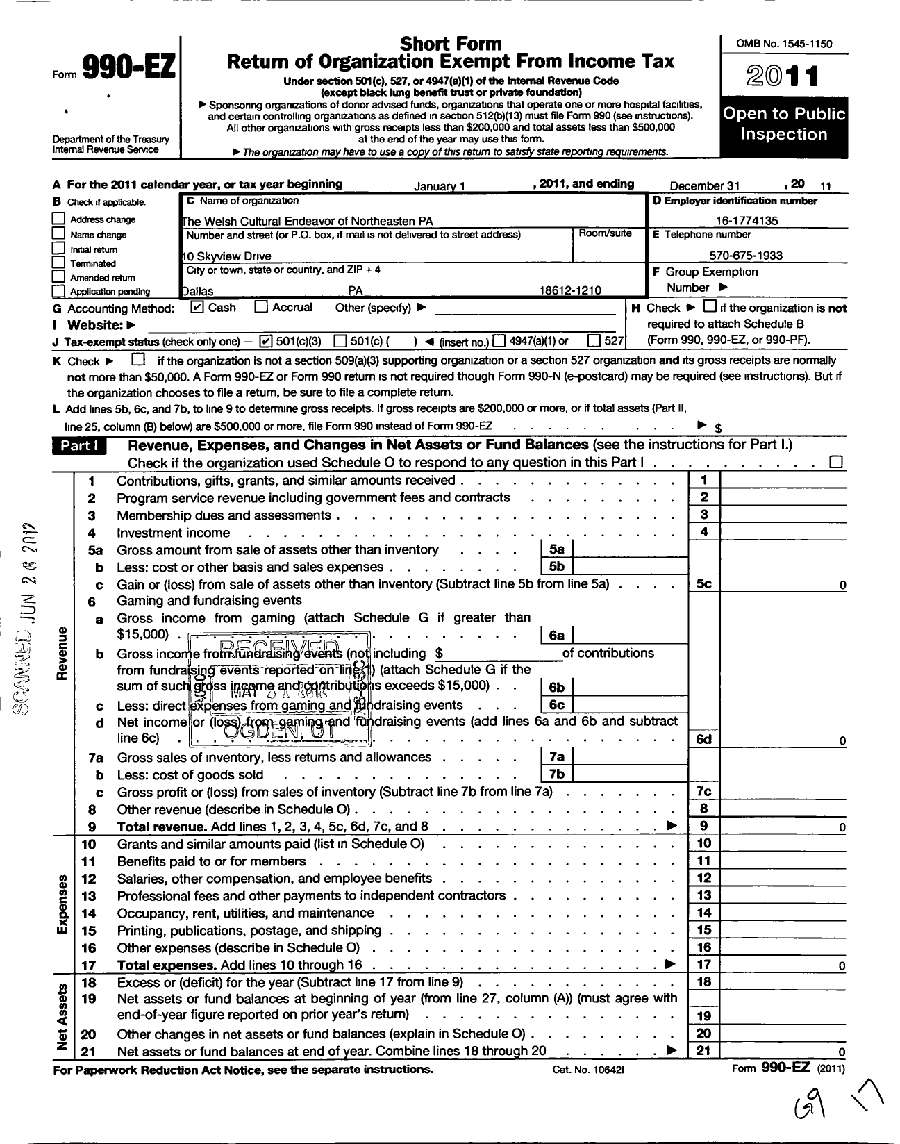 Image of first page of 2011 Form 990EZ for Welsh Cultural Endeavor of Northeastern Pennsylvania