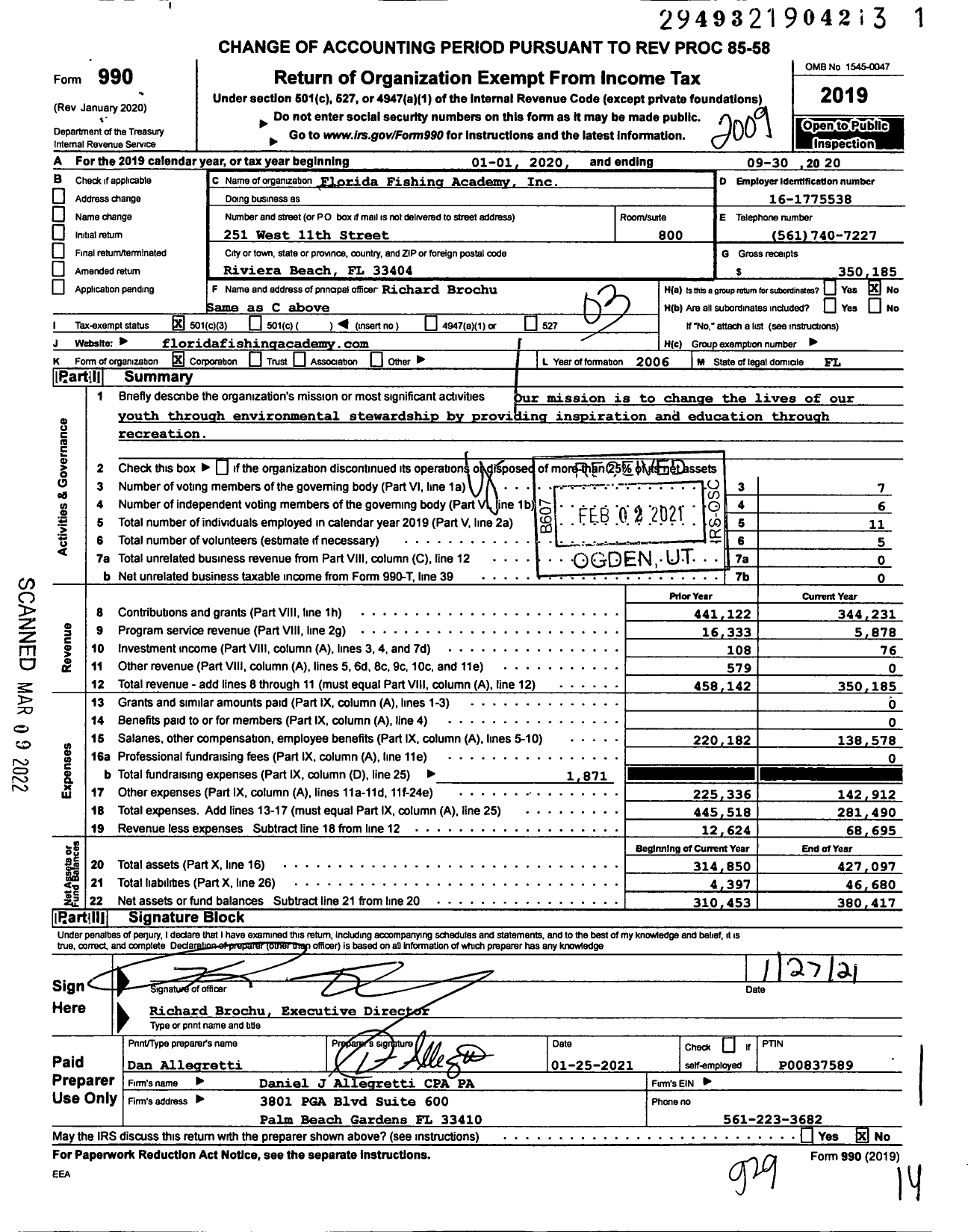 Image of first page of 2019 Form 990 for Florida Fishing Academy