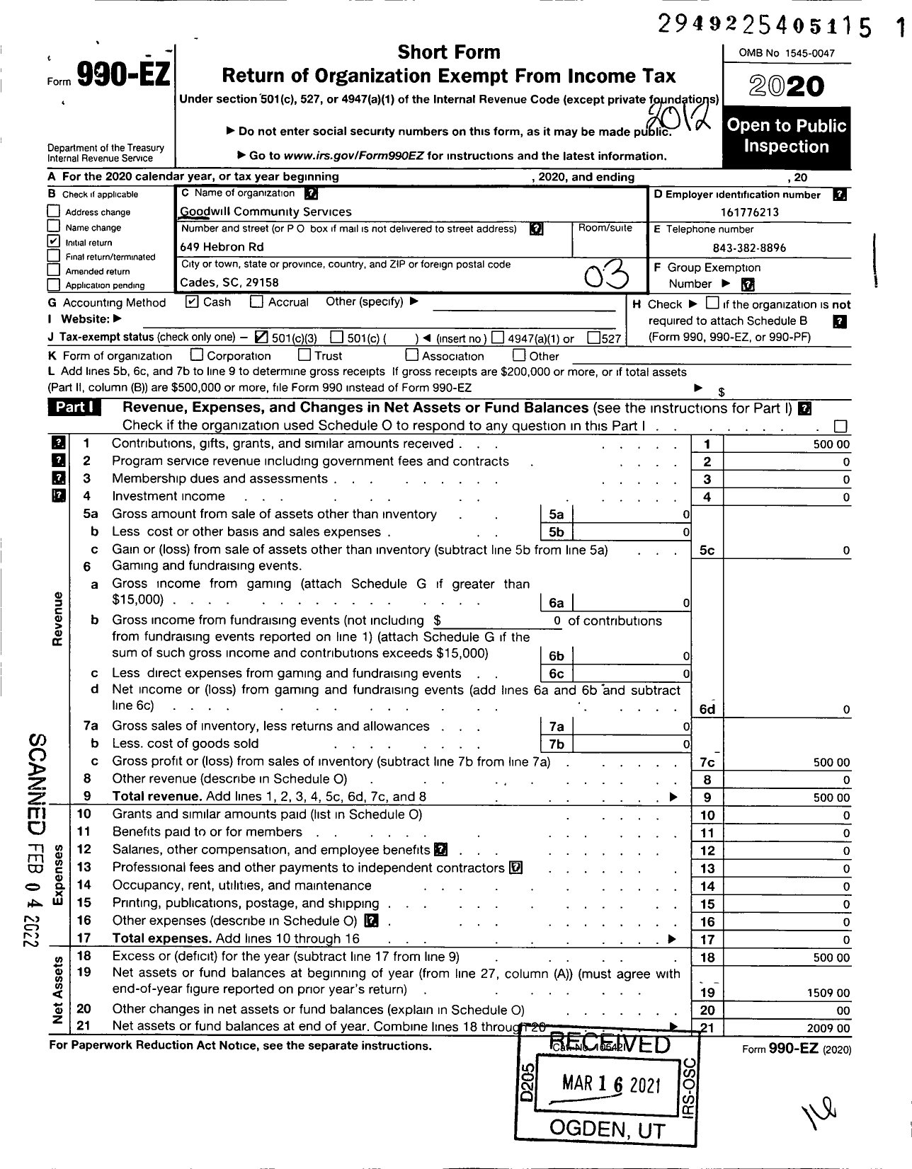 Image of first page of 2020 Form 990EZ for Goodwill Community Services