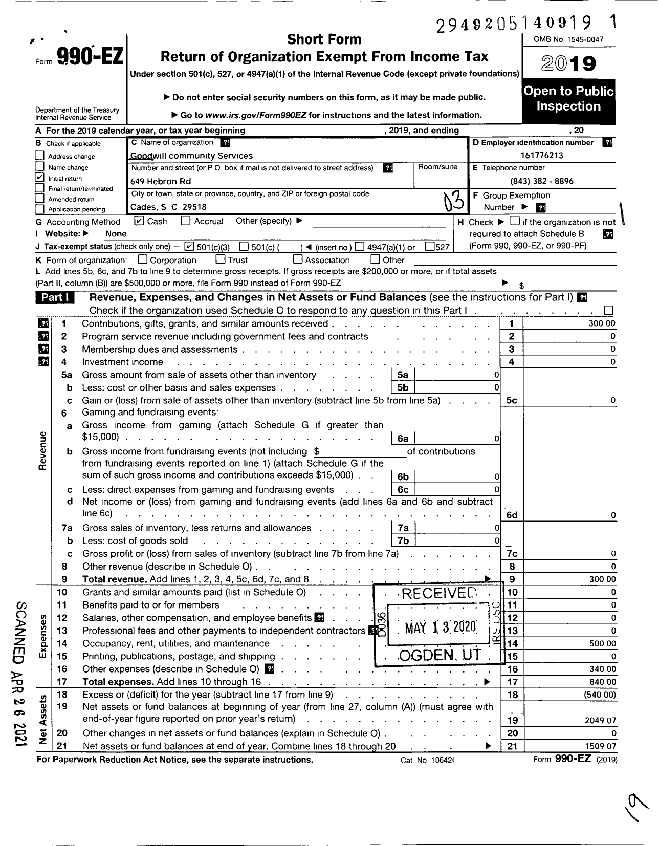 Image of first page of 2019 Form 990EZ for Goodwill Community Services