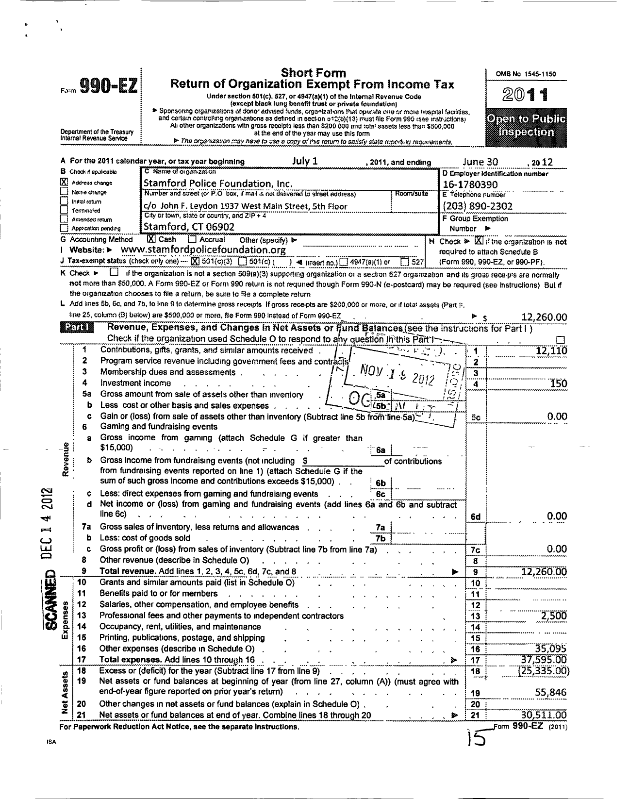 Image of first page of 2011 Form 990EZ for Stamford Police Foundation