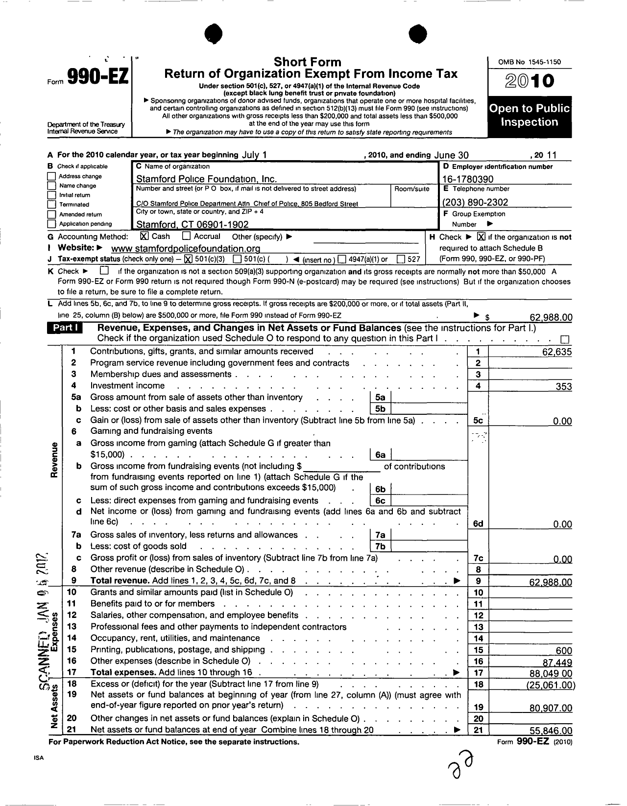 Image of first page of 2010 Form 990EZ for Stamford Police Foundation