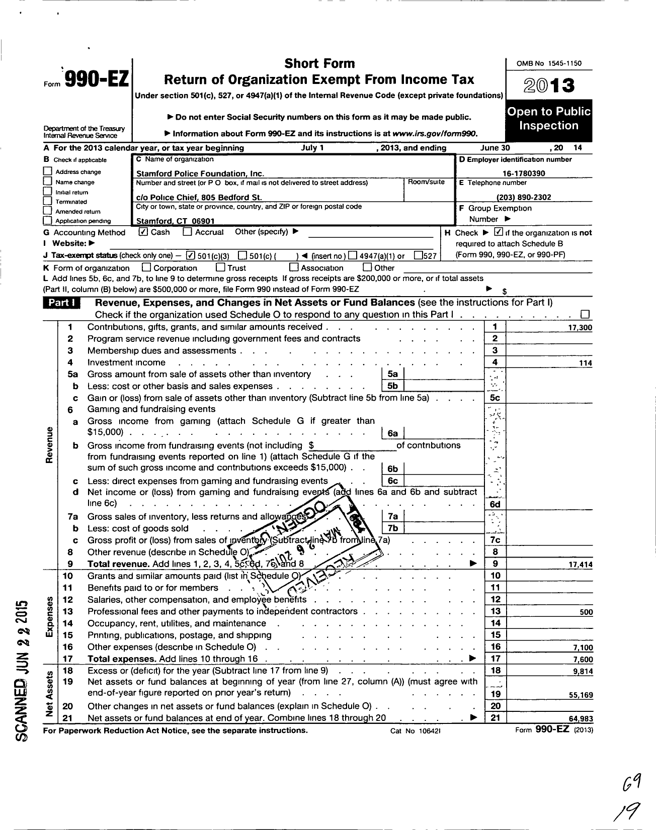 Image of first page of 2013 Form 990EZ for Stamford Police Foundation