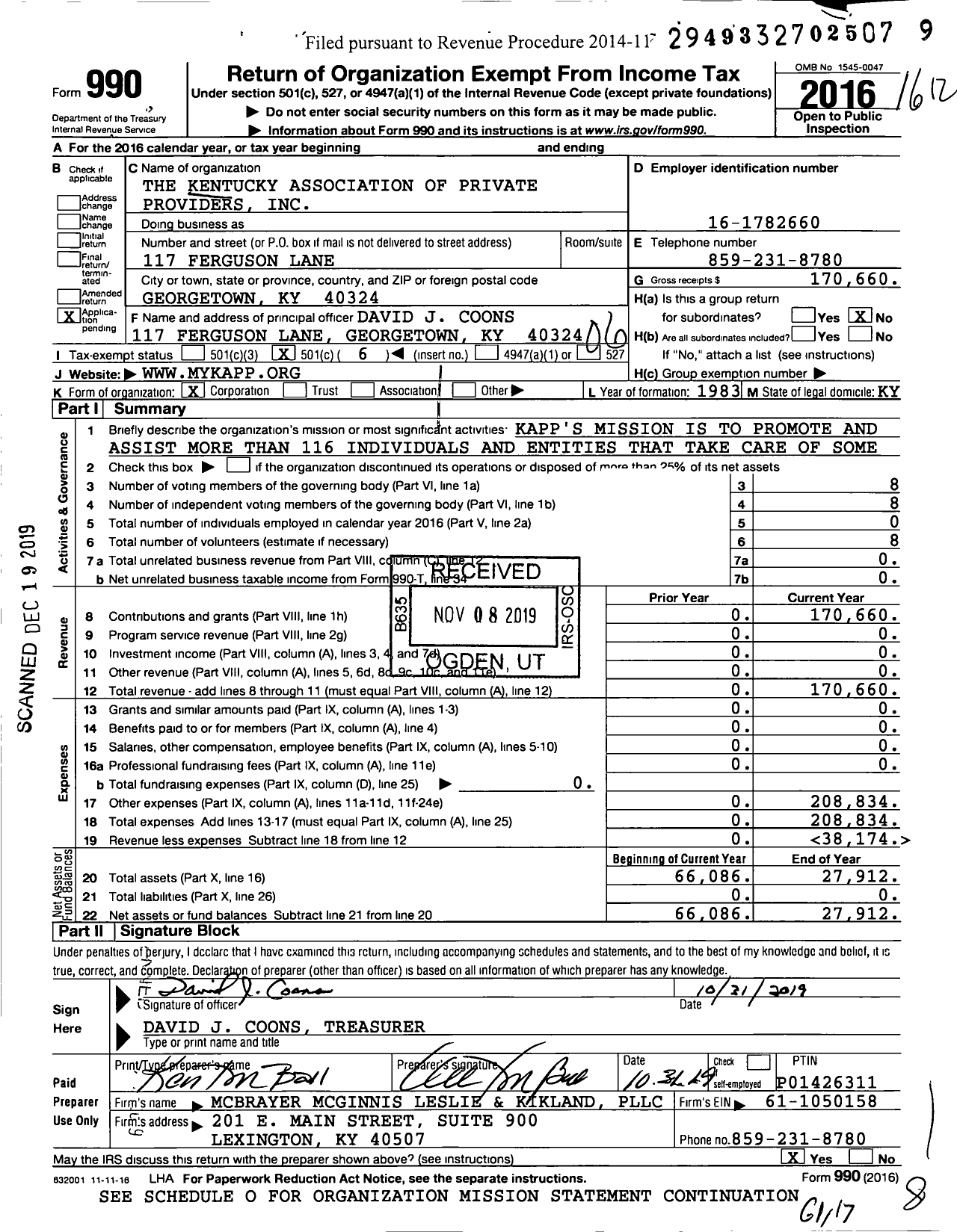 Image of first page of 2016 Form 990O for The Kentucky Association of Private Providers