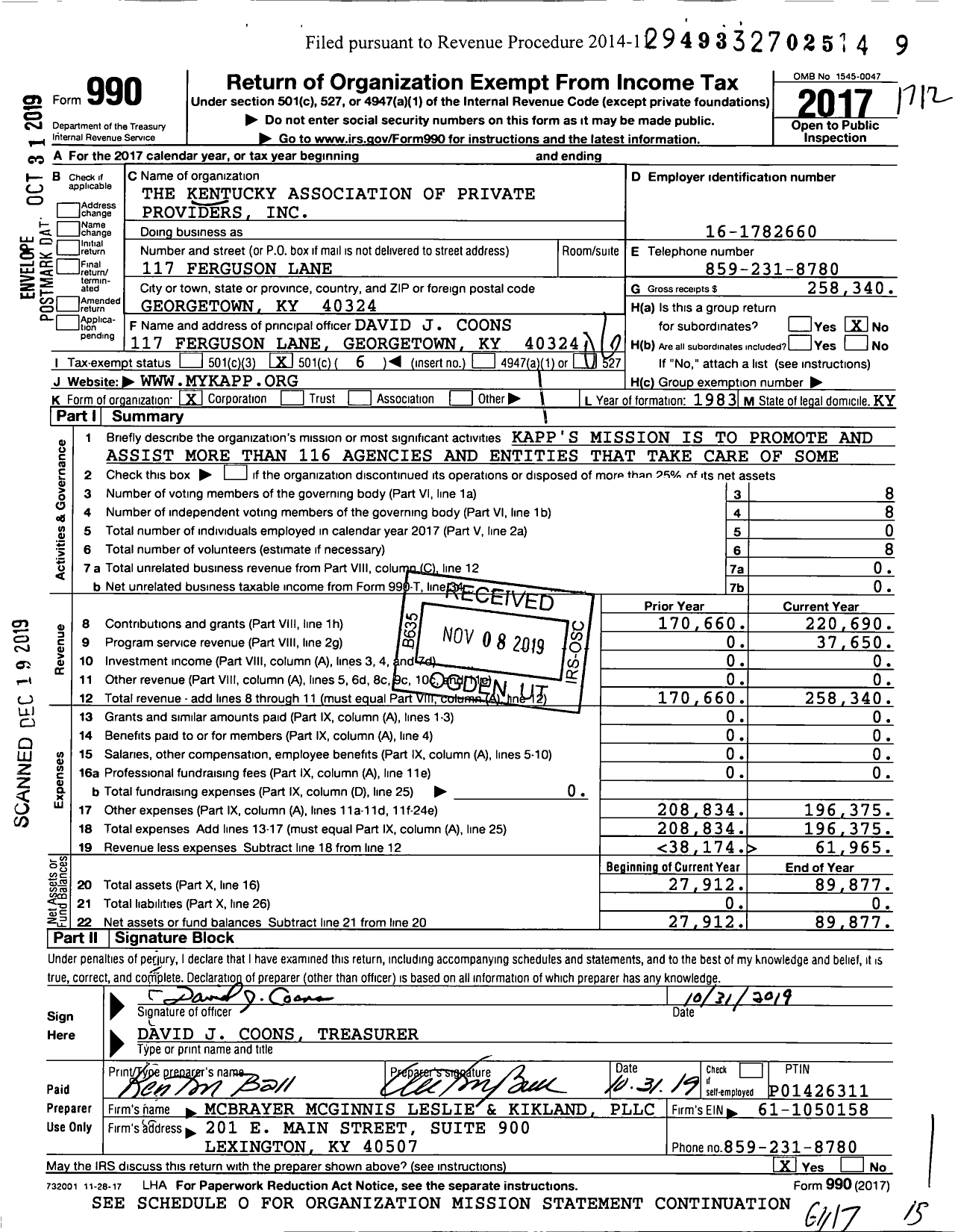 Image of first page of 2017 Form 990O for The Kentucky Association of Private Providers