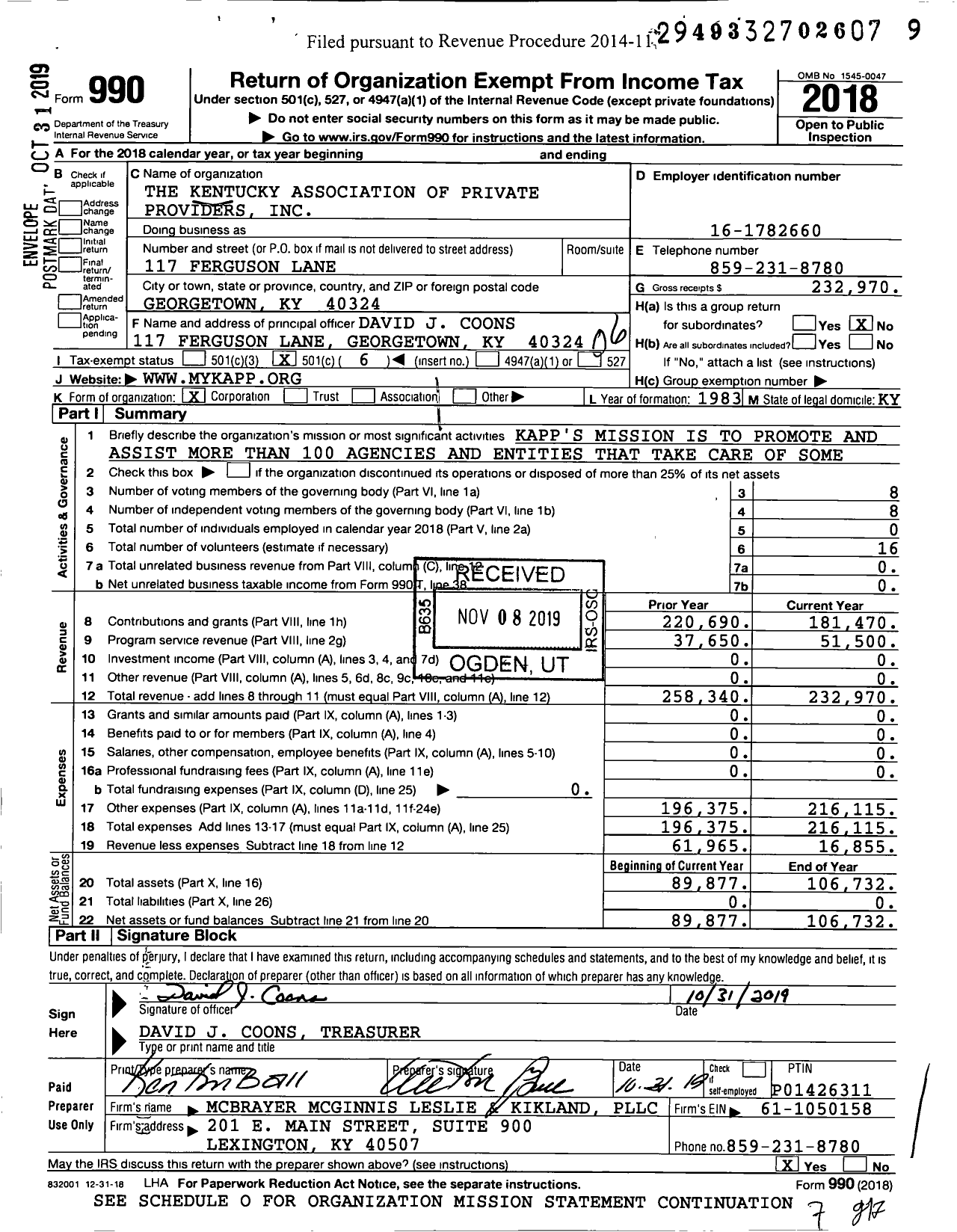 Image of first page of 2018 Form 990O for The Kentucky Association of Private Providers