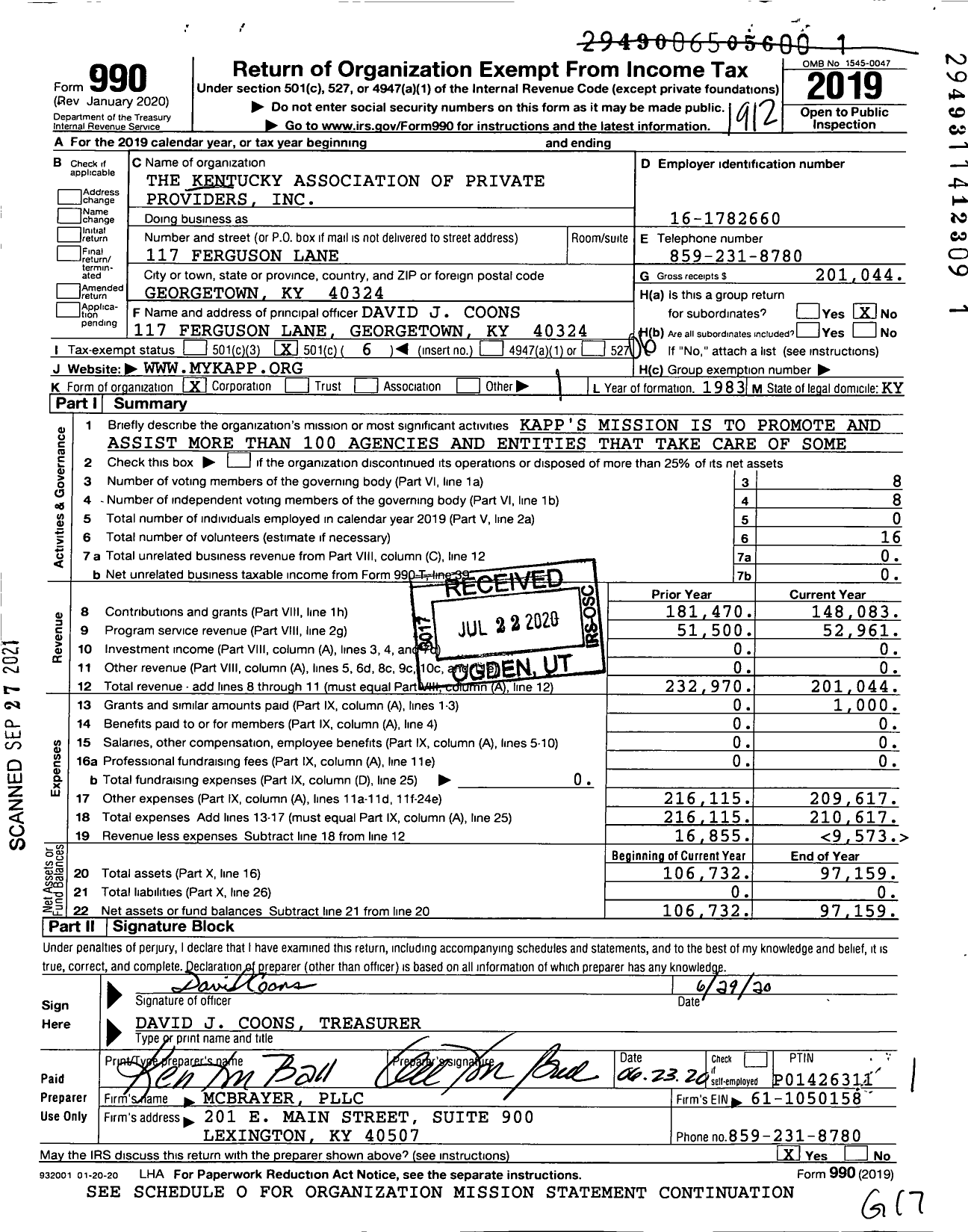 Image of first page of 2019 Form 990O for The Kentucky Association of Private Providers
