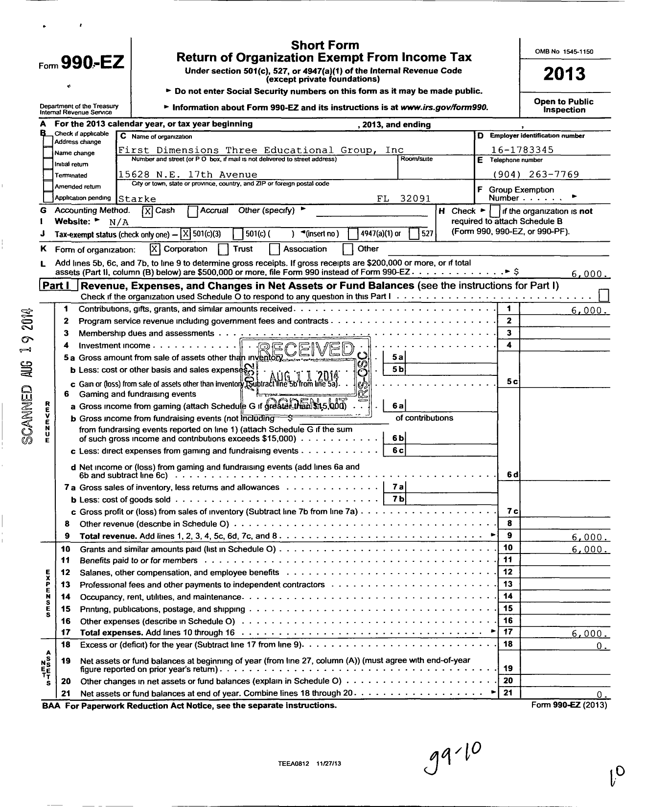 Image of first page of 2013 Form 990EZ for First Dimensions Three Educational Group