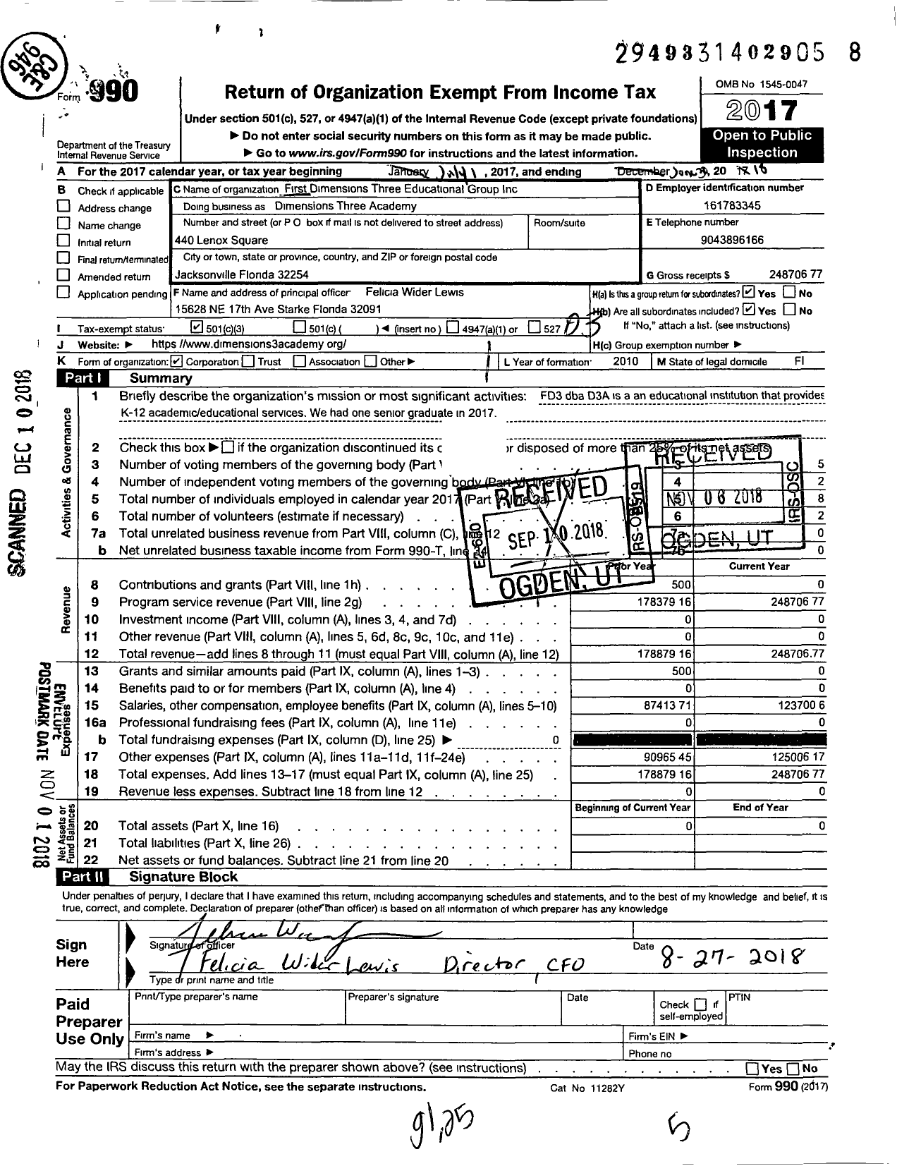 Image of first page of 2017 Form 990 for First Dimensions Three Educational Group