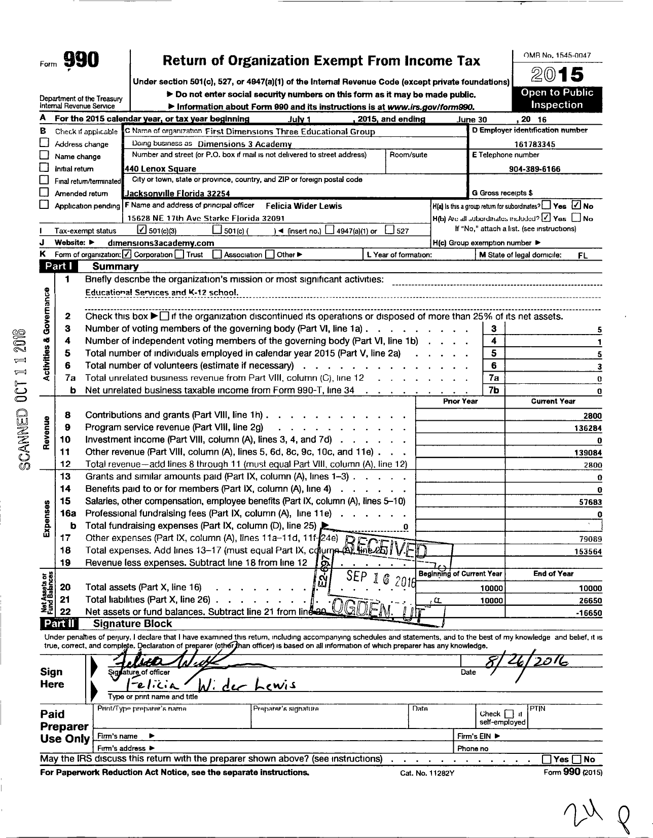 Image of first page of 2015 Form 990 for First Dimensions Three Educational Group