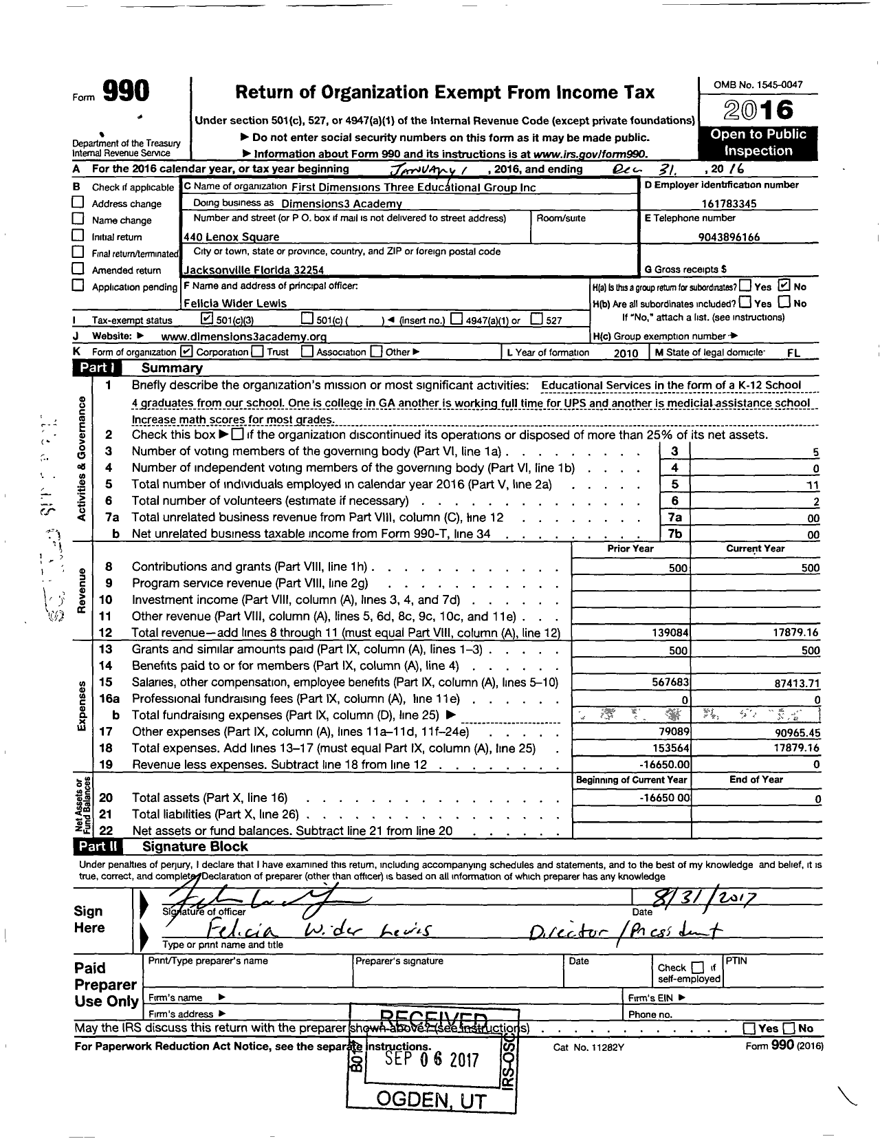 Image of first page of 2016 Form 990 for First Dimensions Three Educational Group