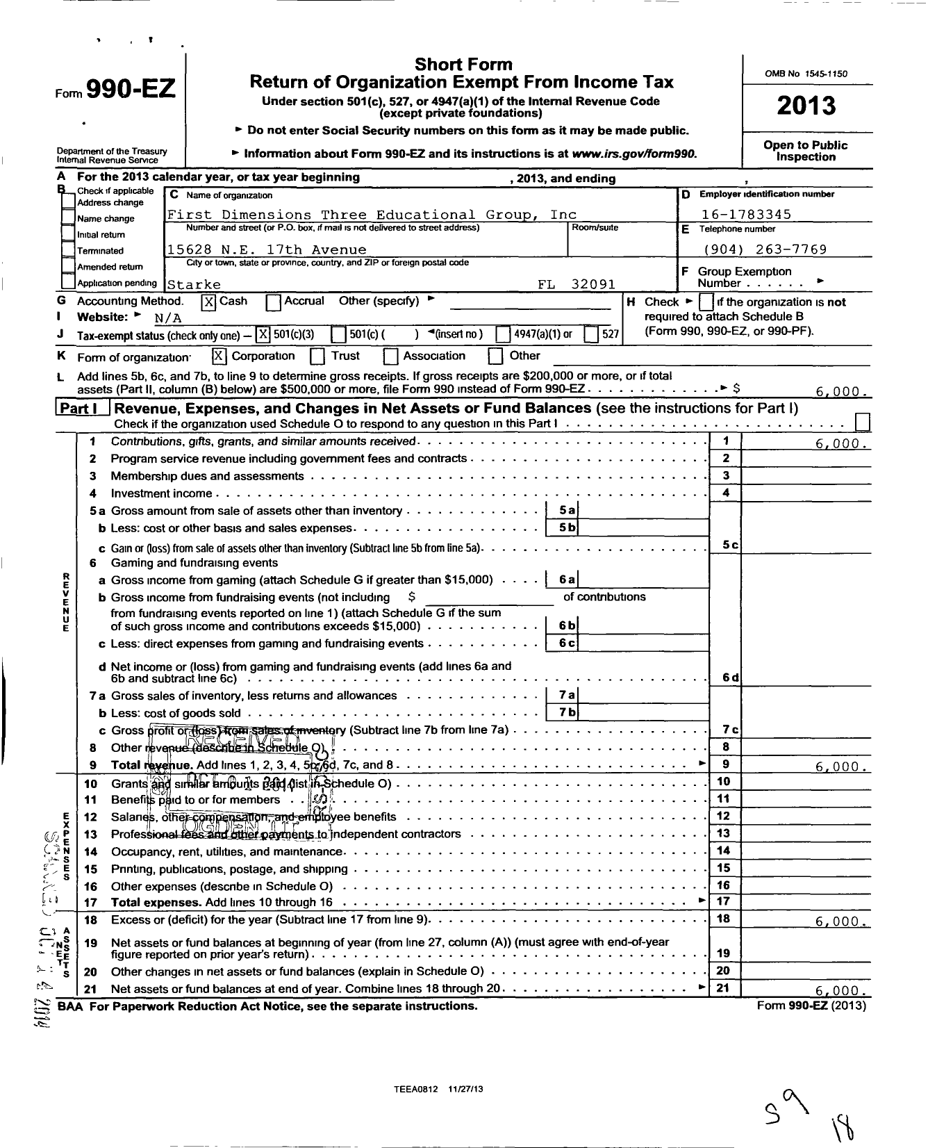 Image of first page of 2013 Form 990EZ for First Dimensions Three Educational Group