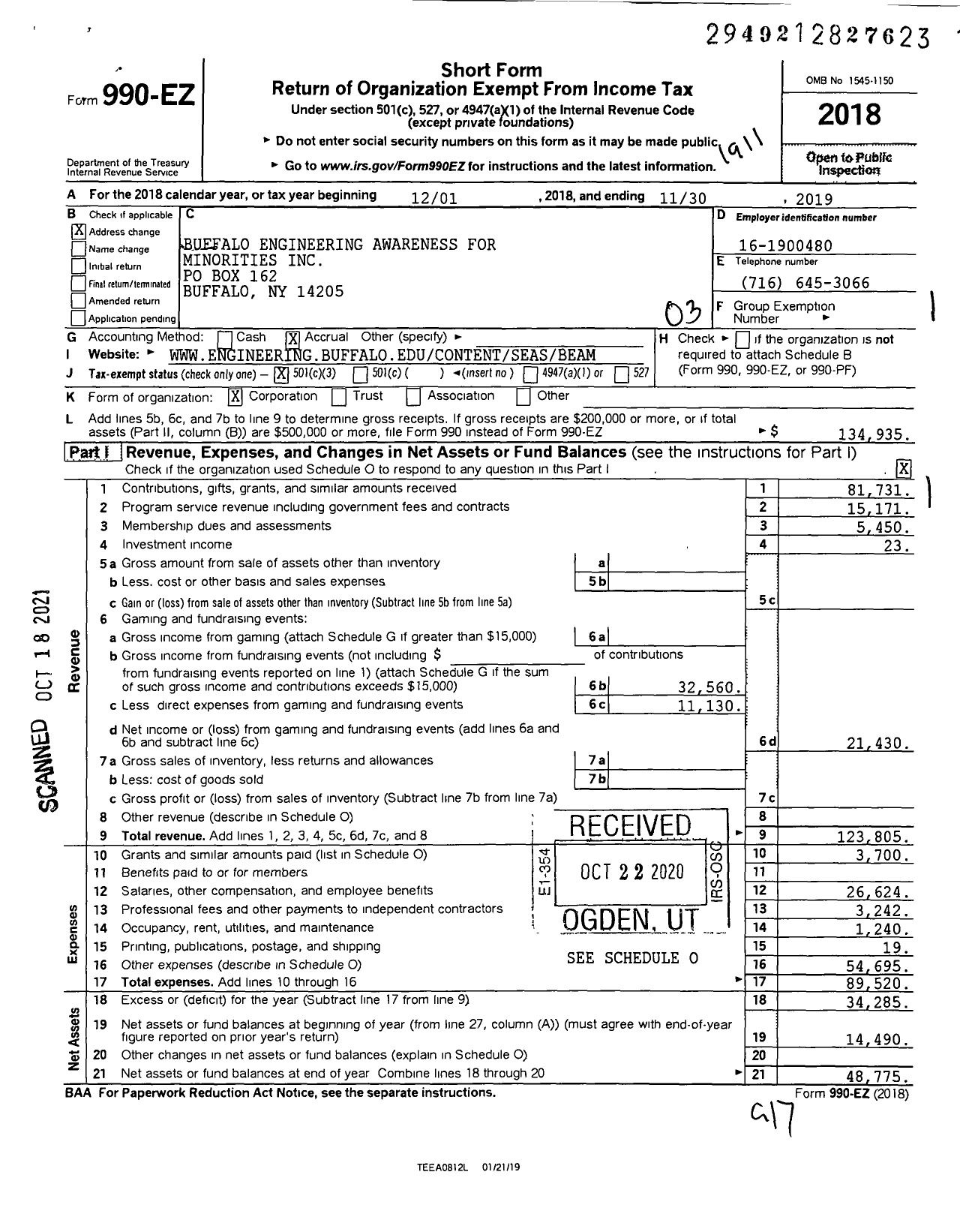 Image of first page of 2018 Form 990EZ for Buffalo Engineering Awareness for Minorities