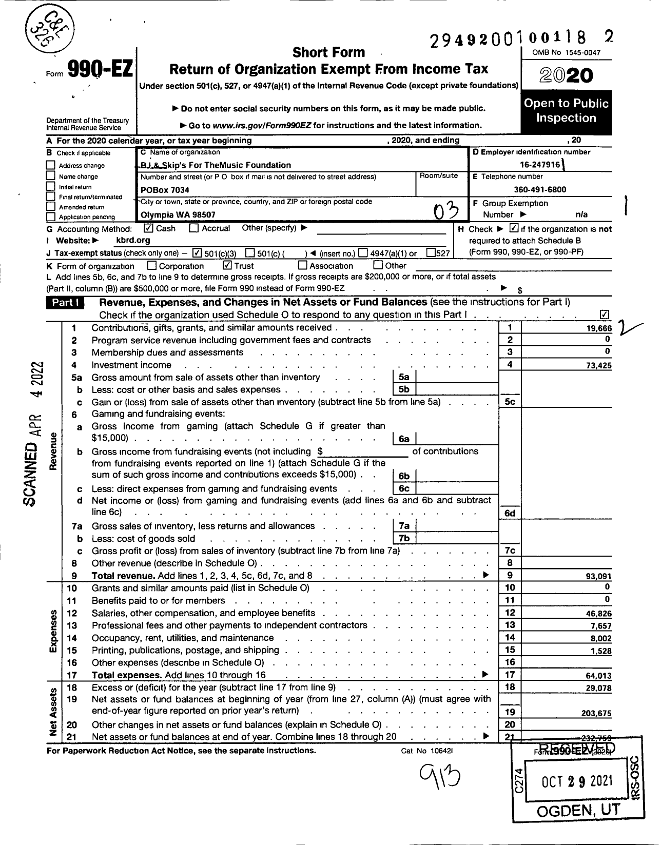 Image of first page of 2020 Form 990EZ for BJ and Skip's for the Music Foundation