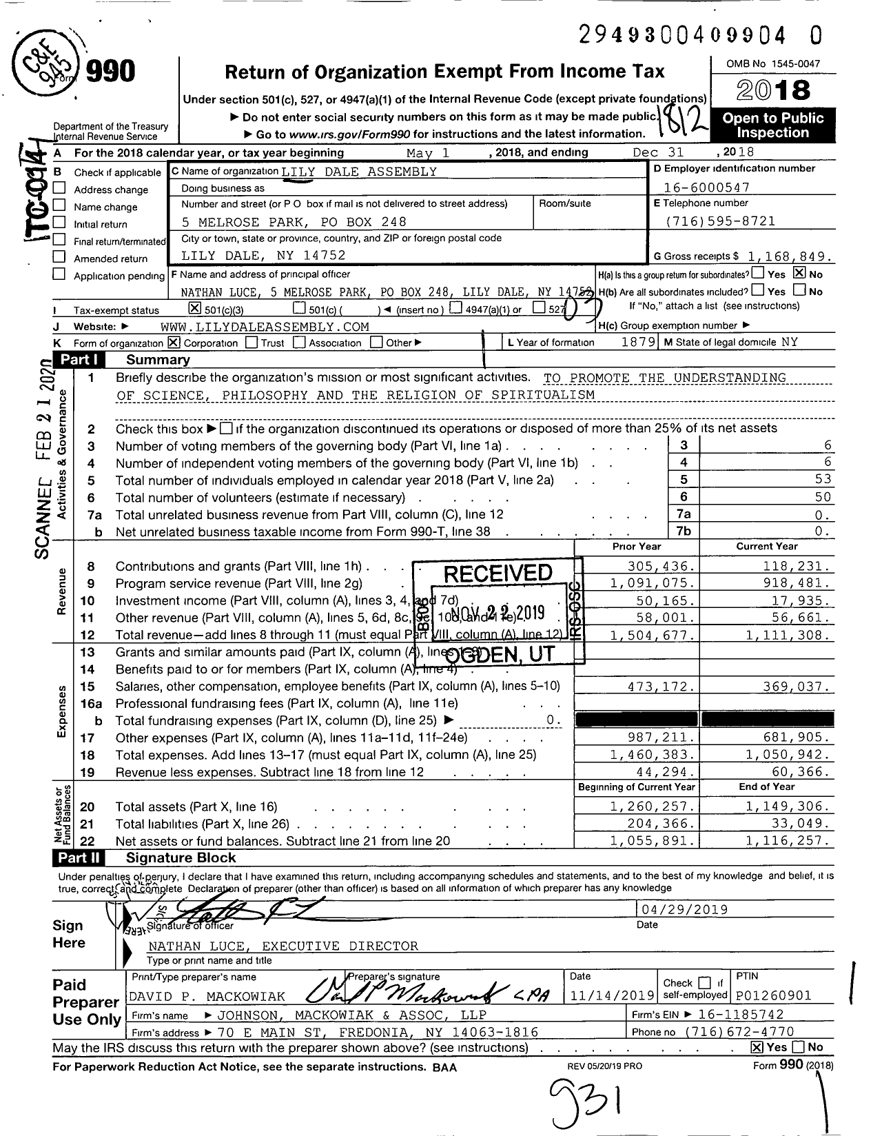 Image of first page of 2018 Form 990 for Lily Dale Assembly