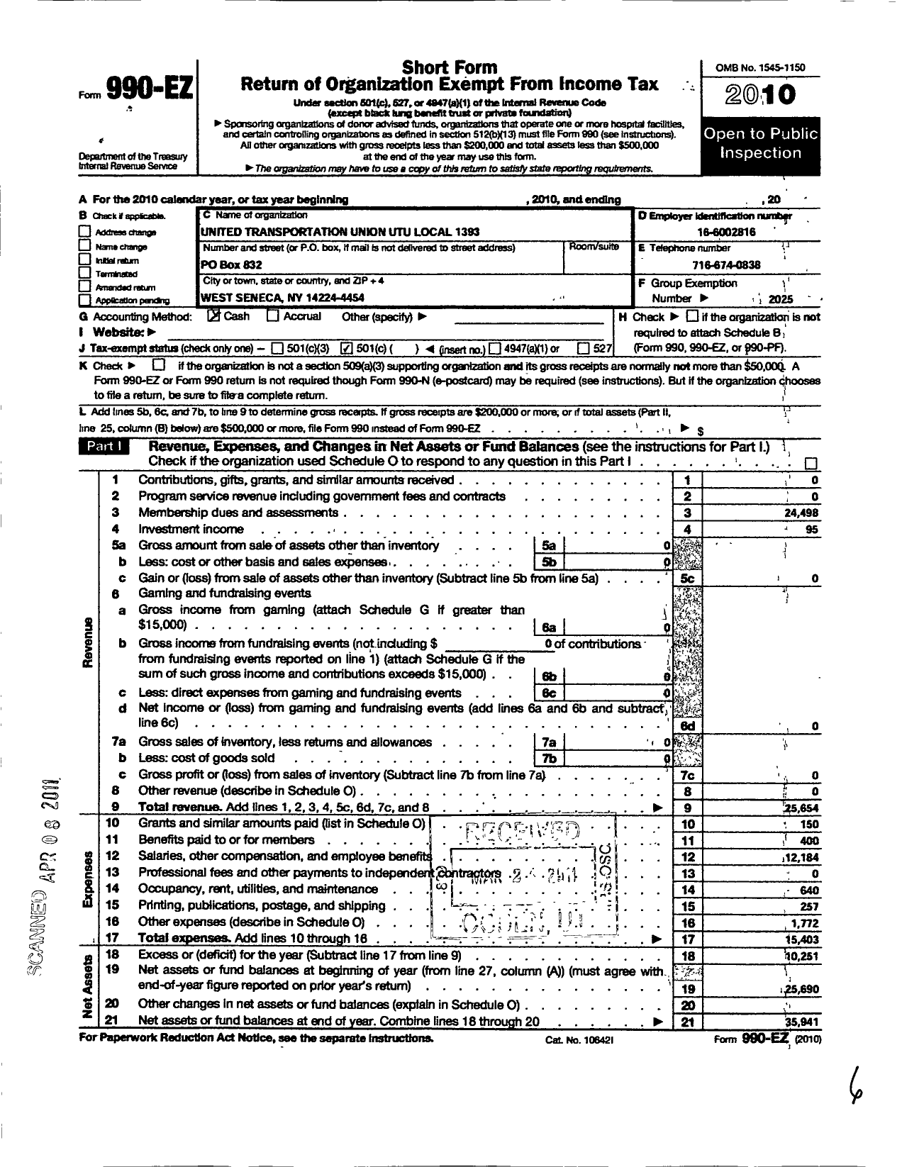 Image of first page of 2010 Form 990EO for Smart Union - 1393 TD