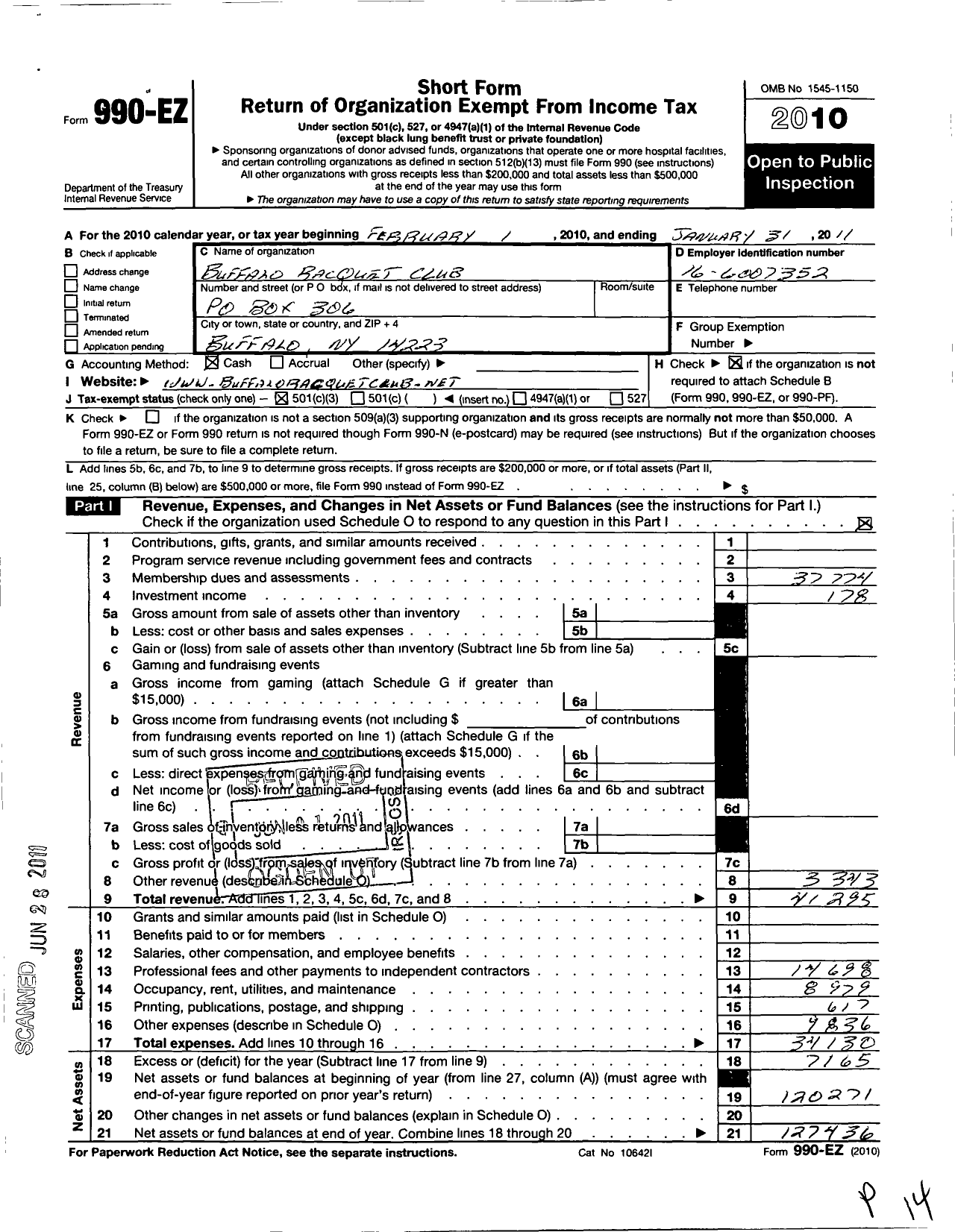 Image of first page of 2010 Form 990EZ for Buffalo Racquet Club