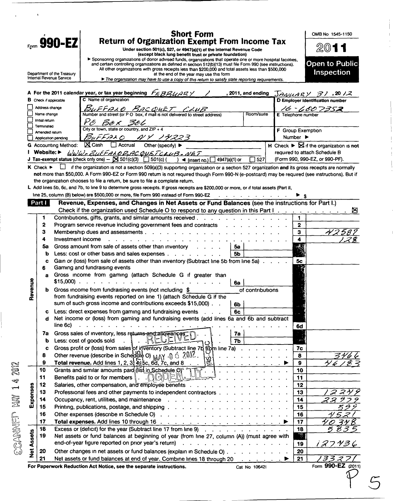 Image of first page of 2011 Form 990EZ for Buffalo Racquet Club