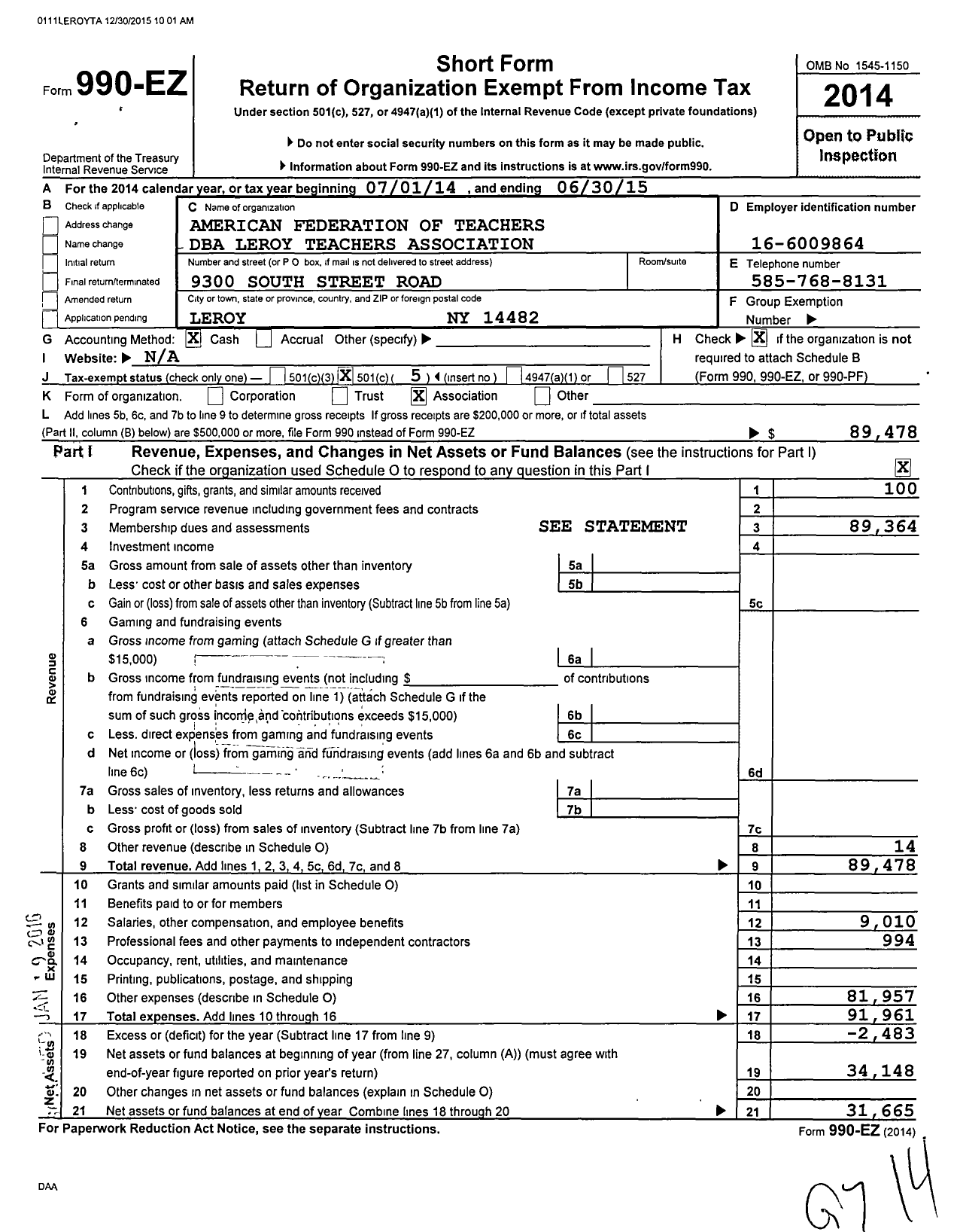 Image of first page of 2014 Form 990EO for American Federation of Teachers - 2782 Leroy Teachers Association